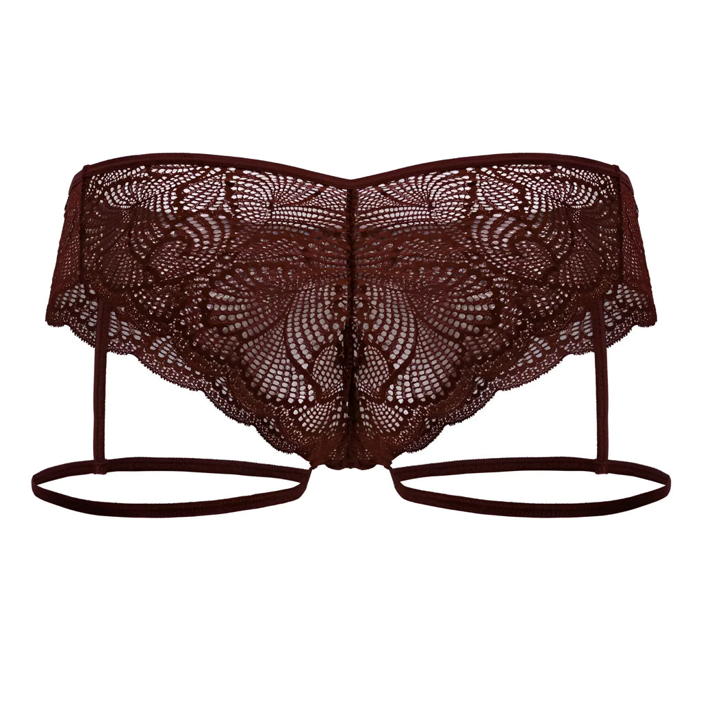 A dark burgundy lace bikini top with intricate floral patterns and thin adjustable straps from candyman 99905 garter briefs