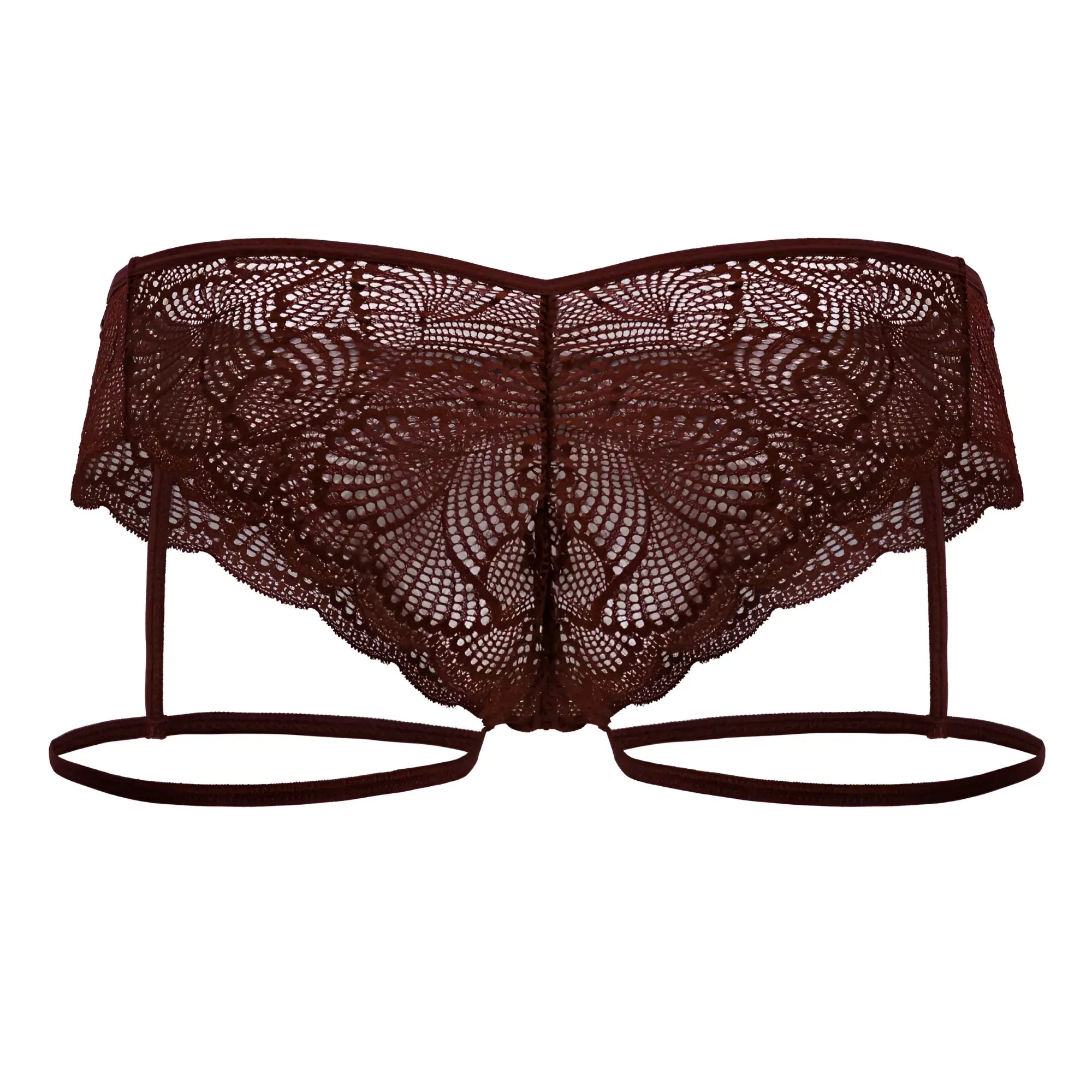 A dark burgundy lace bikini top with intricate floral patterns and thin adjustable straps from candyman 99905 garter briefs