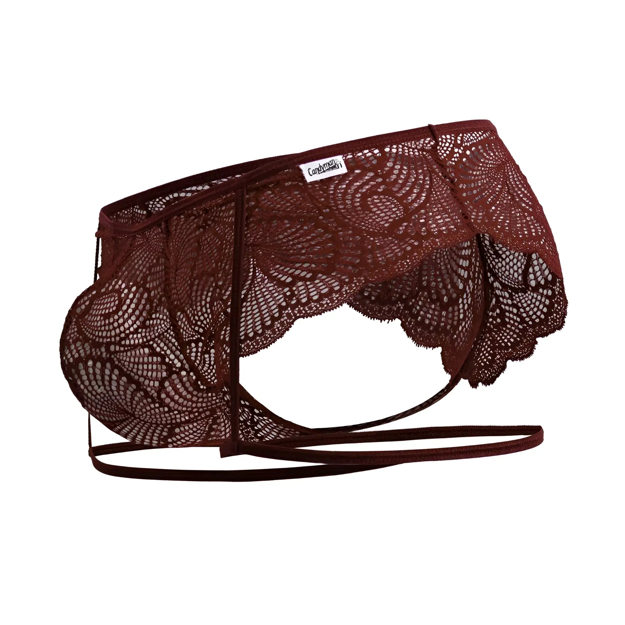 CandyMan 99905 garter lace briefs in burgundy featuring maroon floral lace and scalloped edges for men