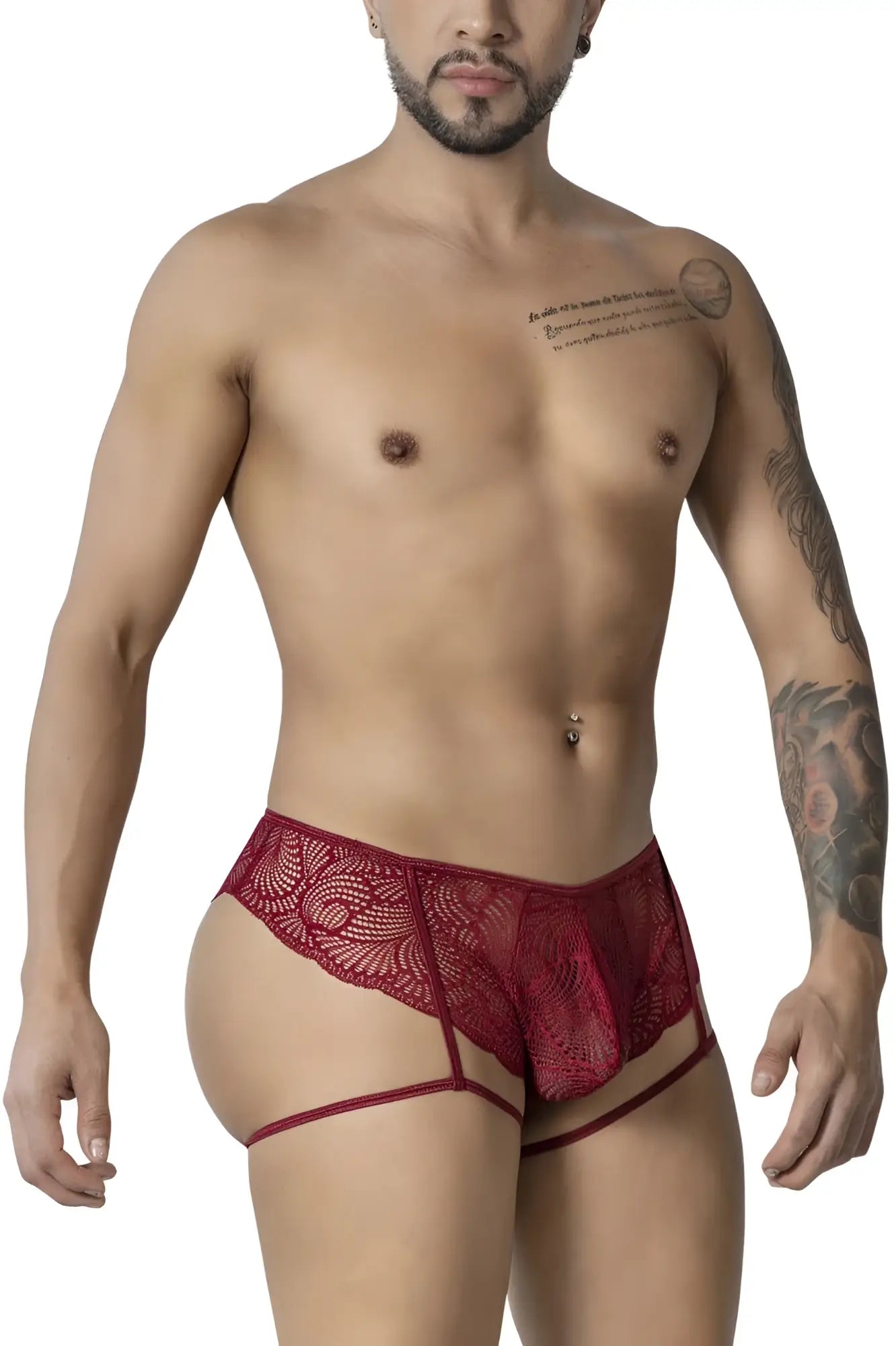 Burgundy CandyMan 99905 garter lace briefs men’s underwear with sheer patterned design and thin straps