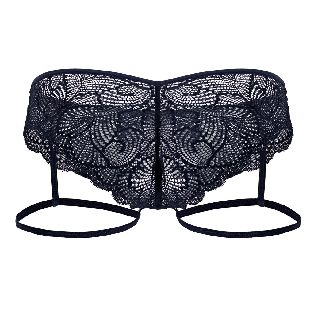 CandyMan 99905 navy garter lace briefs featuring black lace butterfly shape with floral patterns and adjustable straps