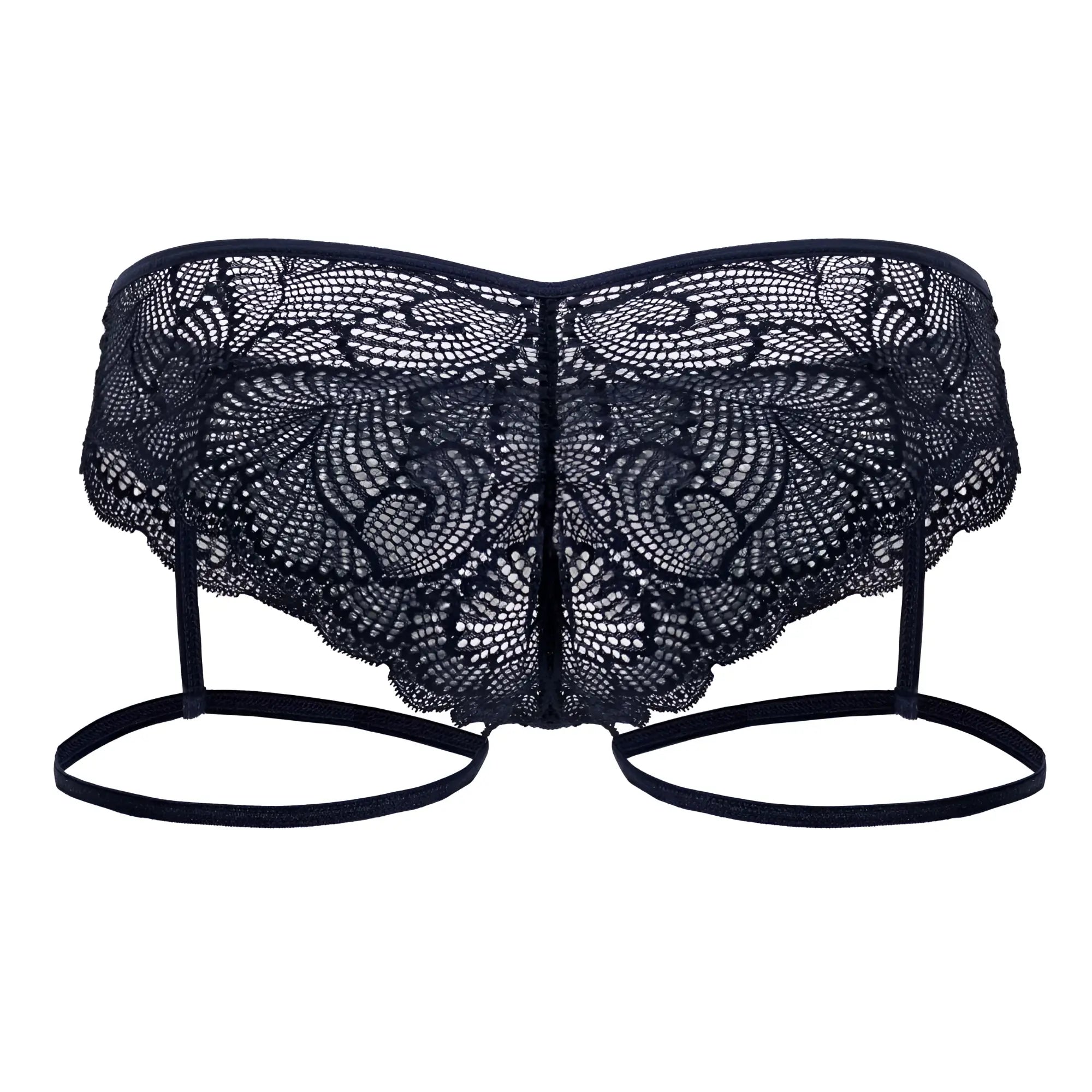 CandyMan 99905 navy garter lace briefs featuring black lace butterfly shape with floral patterns and adjustable straps
