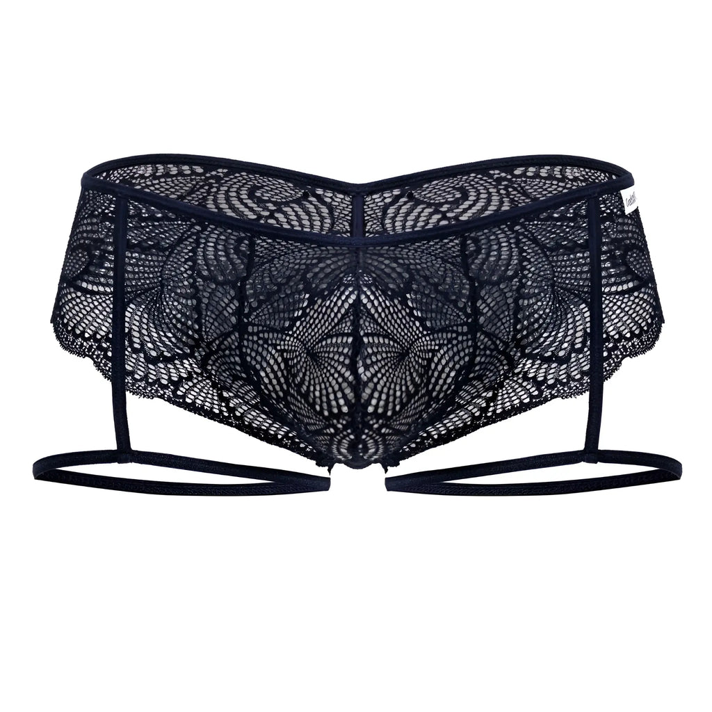 Navy CandyMan 99905 garter lace briefs with intricate black floral lace patterns and thin straps