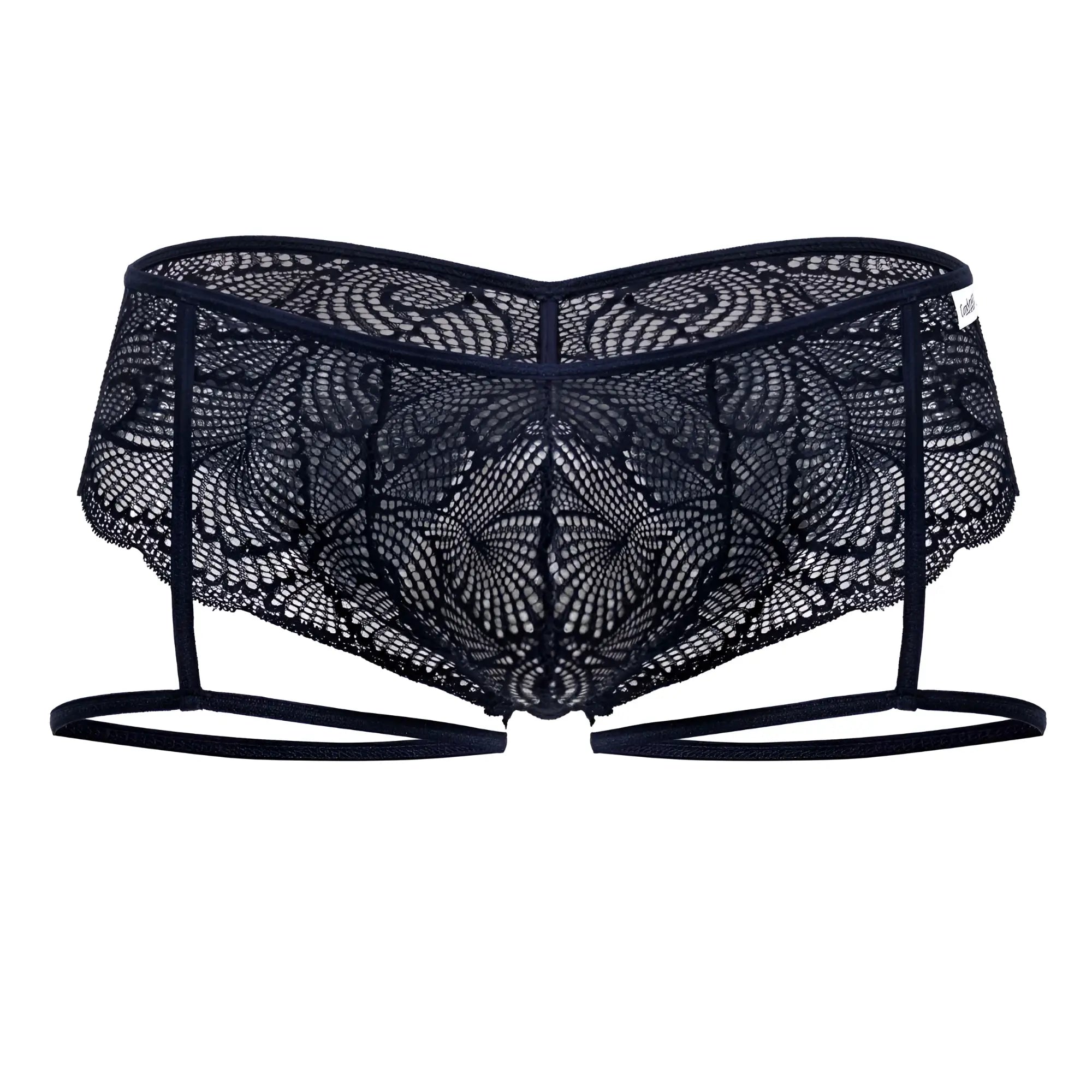 Navy CandyMan 99905 garter lace briefs with intricate black floral lace patterns and thin straps