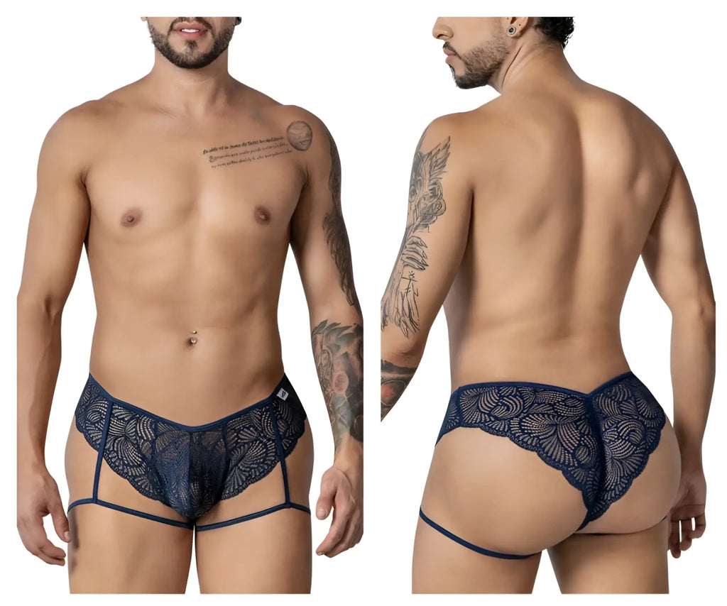 Navy blue CandyMan 99905 garter lace briefs for men with intricate floral lace and supportive contoured design