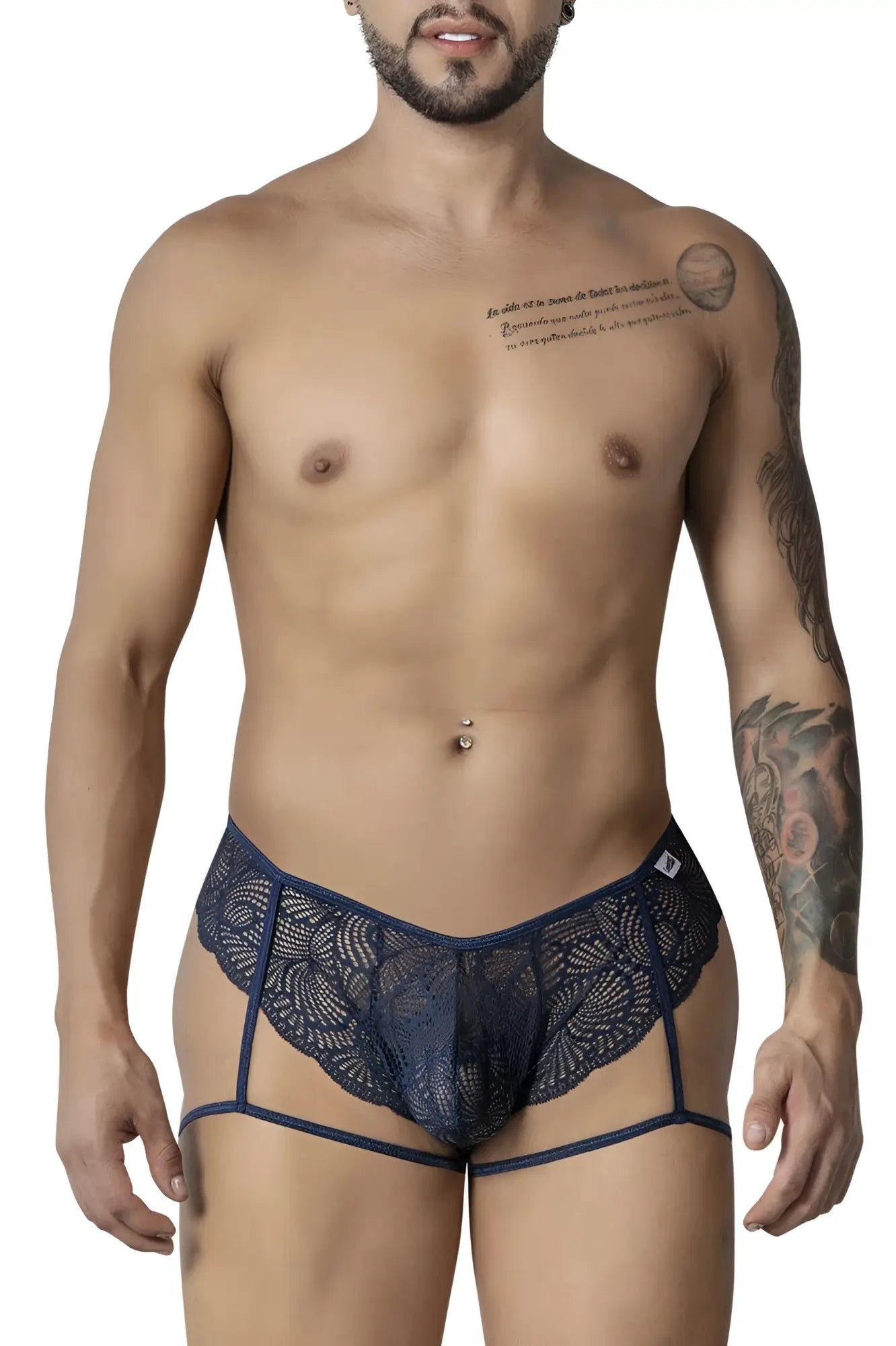 CandyMan 99905 navy garter lace briefs featuring dark blue lace with patterned design and side straps