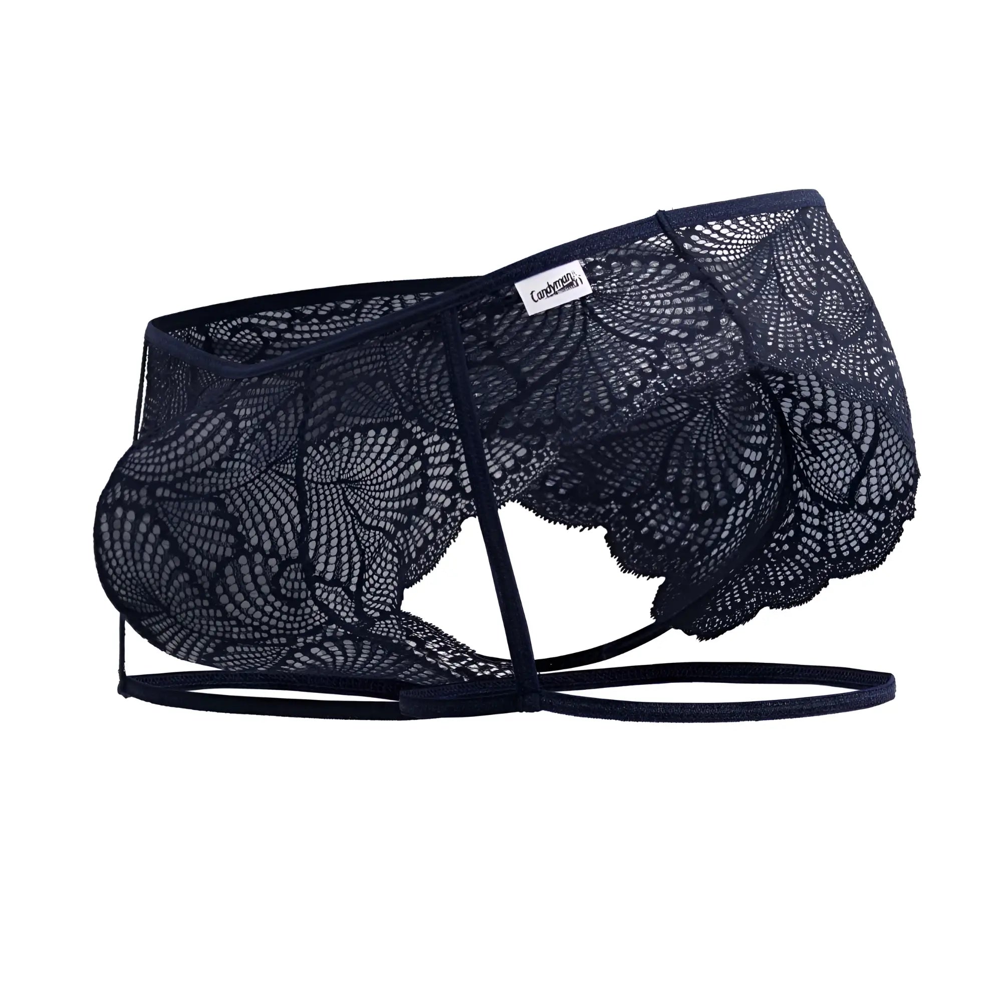 Dark navy lace men’s underwear with intricate floral patterns and a supportive strappy design from CandyMan 99905 garter briefs