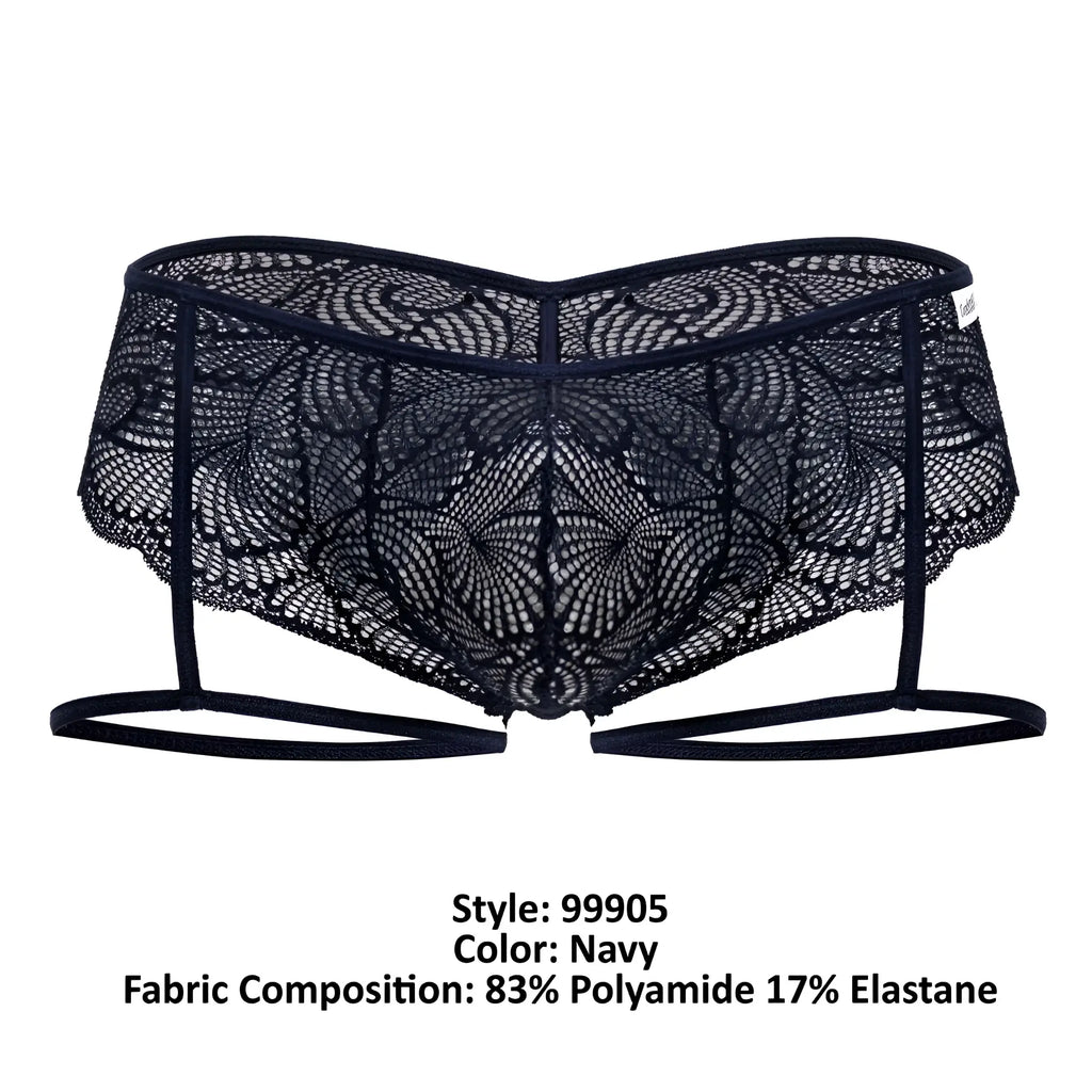 CandyMan 99905 garter lace briefs navy color with intricate floral patterns and adjustable straps
