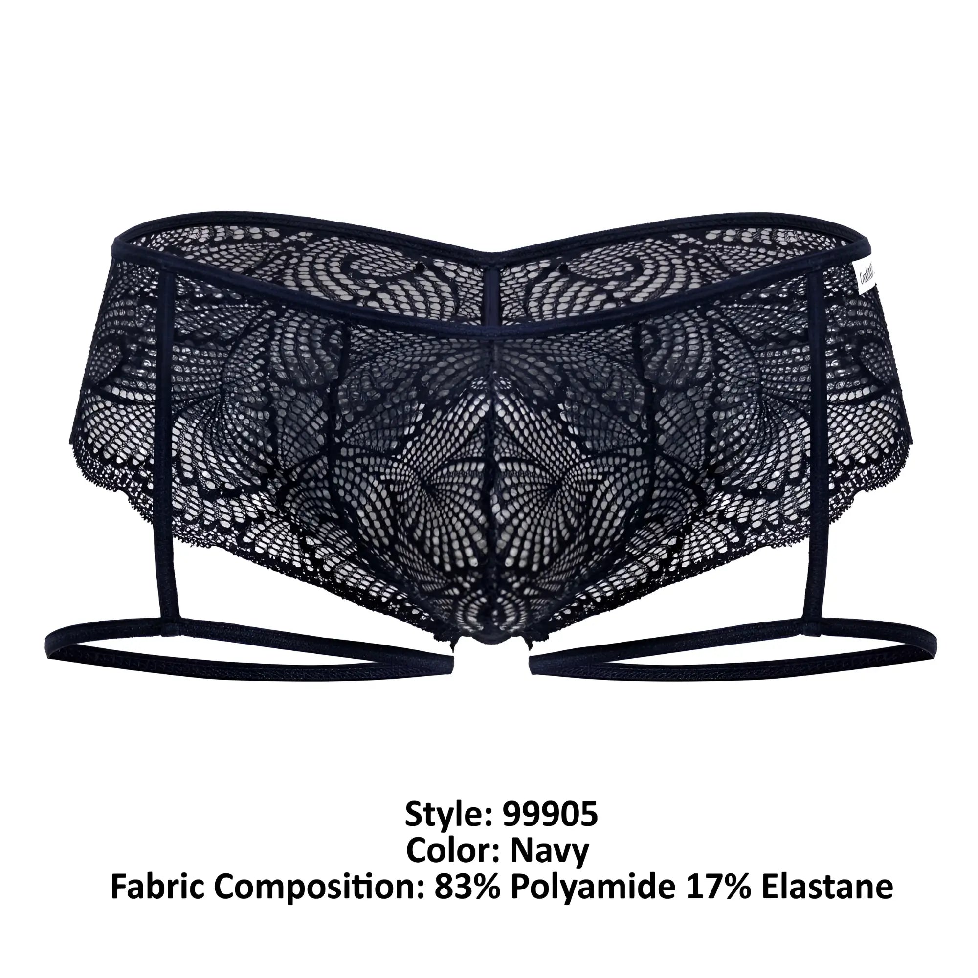 CandyMan 99905 garter lace briefs navy color with intricate floral patterns and adjustable straps