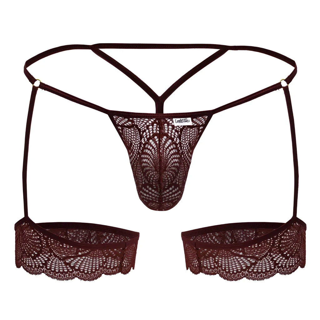 Dark brown candyMan 99906 garter lace thong with matching suspenders and scalloped edge detailing