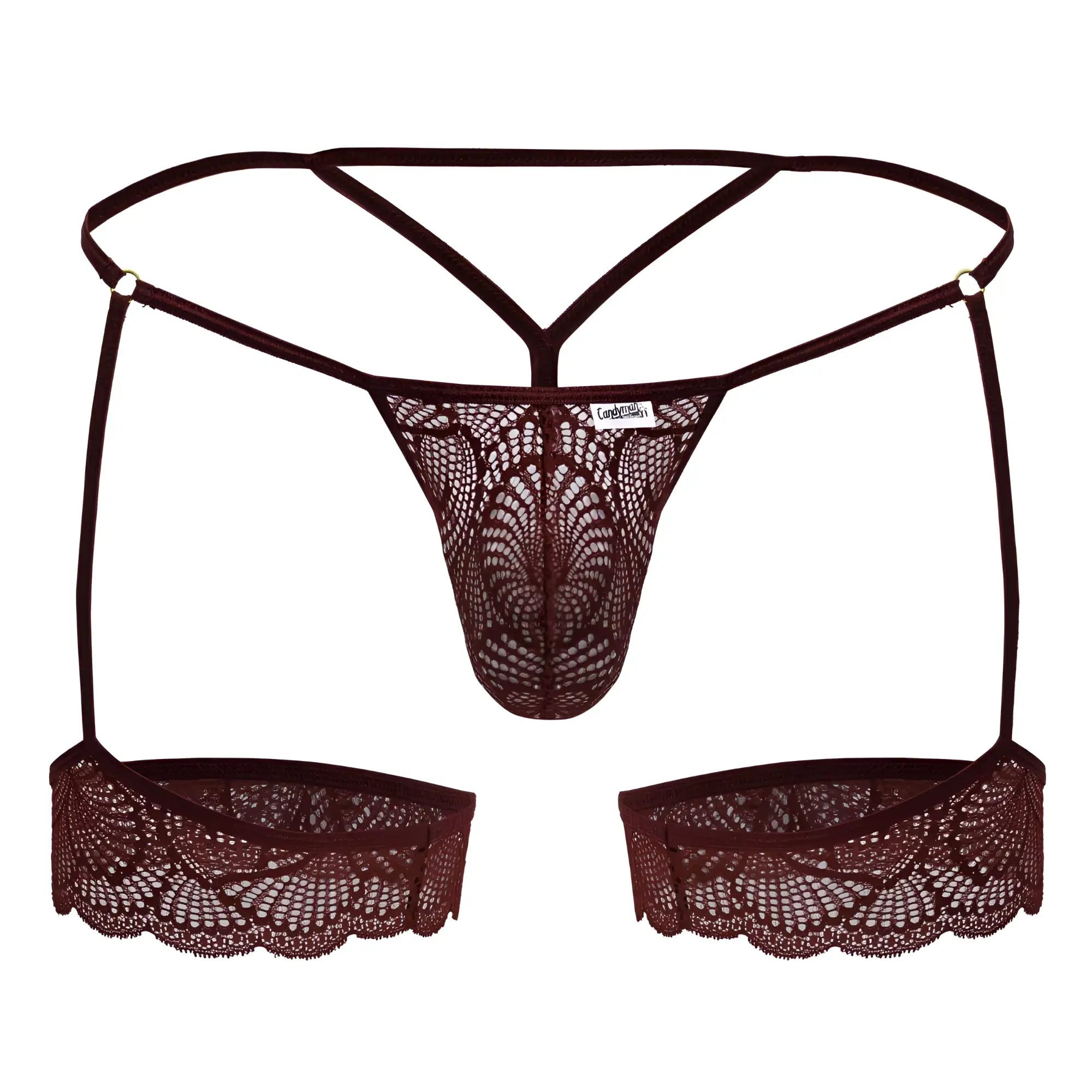 Dark brown candyMan 99906 garter lace thong with matching suspenders and scalloped edge detailing