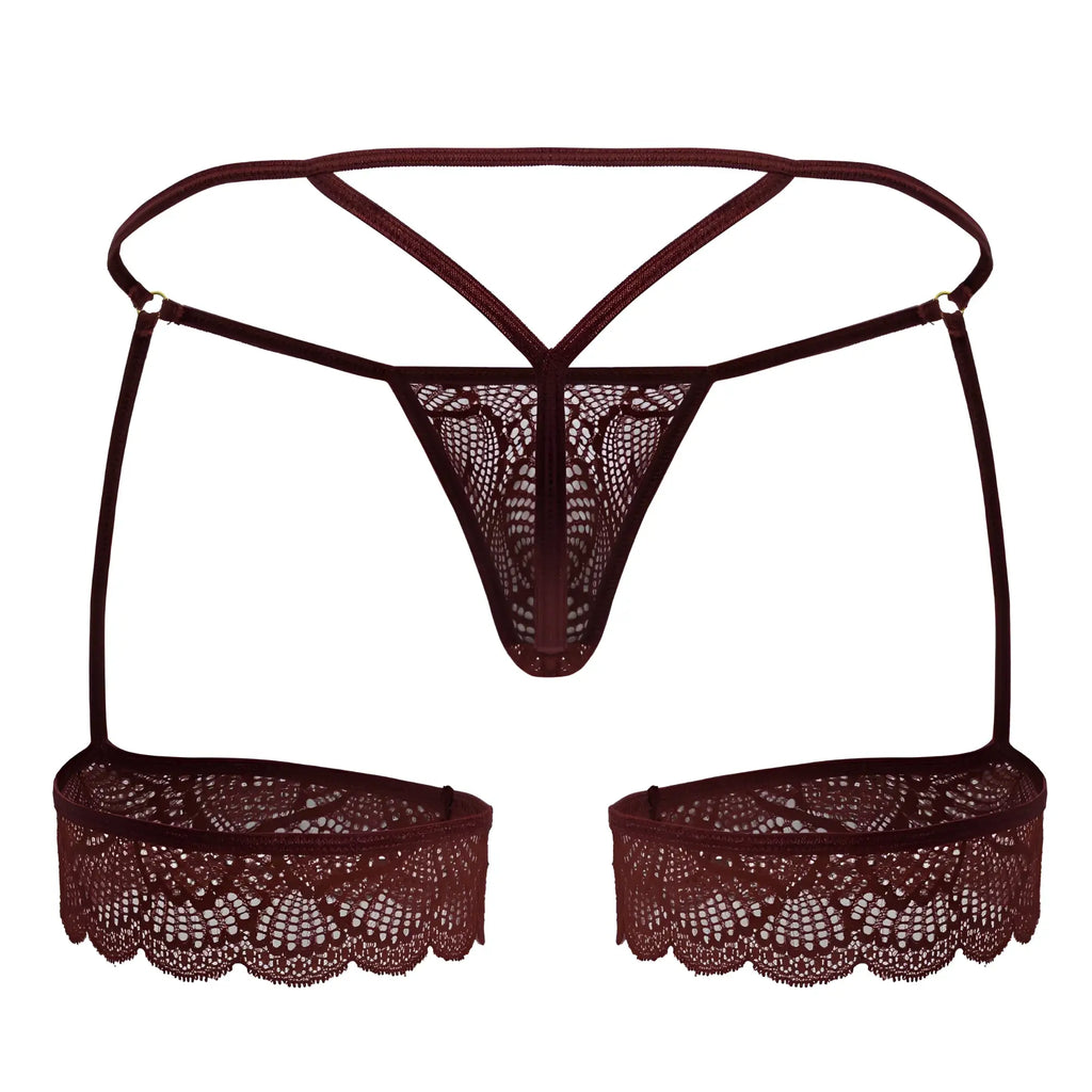 Dark burgundy candyMan 99906 garter lace thong with scalloped hem and adjustable straps in lace material