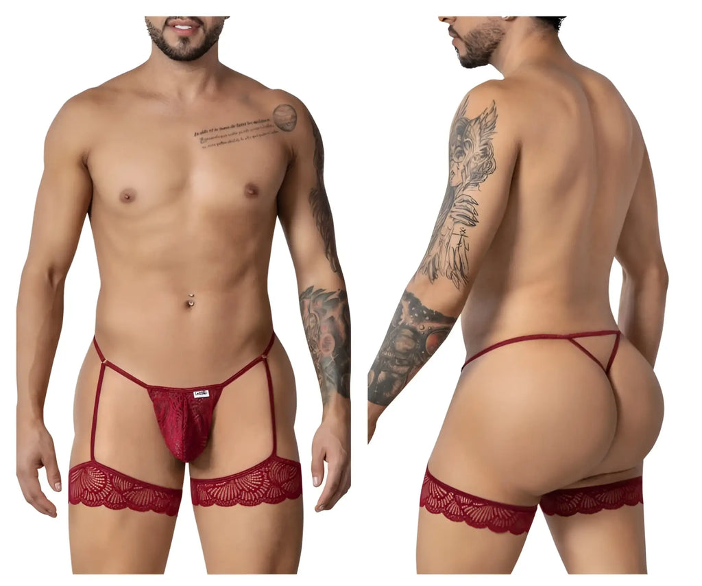 Burgundy CandyMan 99906 garter lace thong set with red lace garter belt and decorative scalloped edges