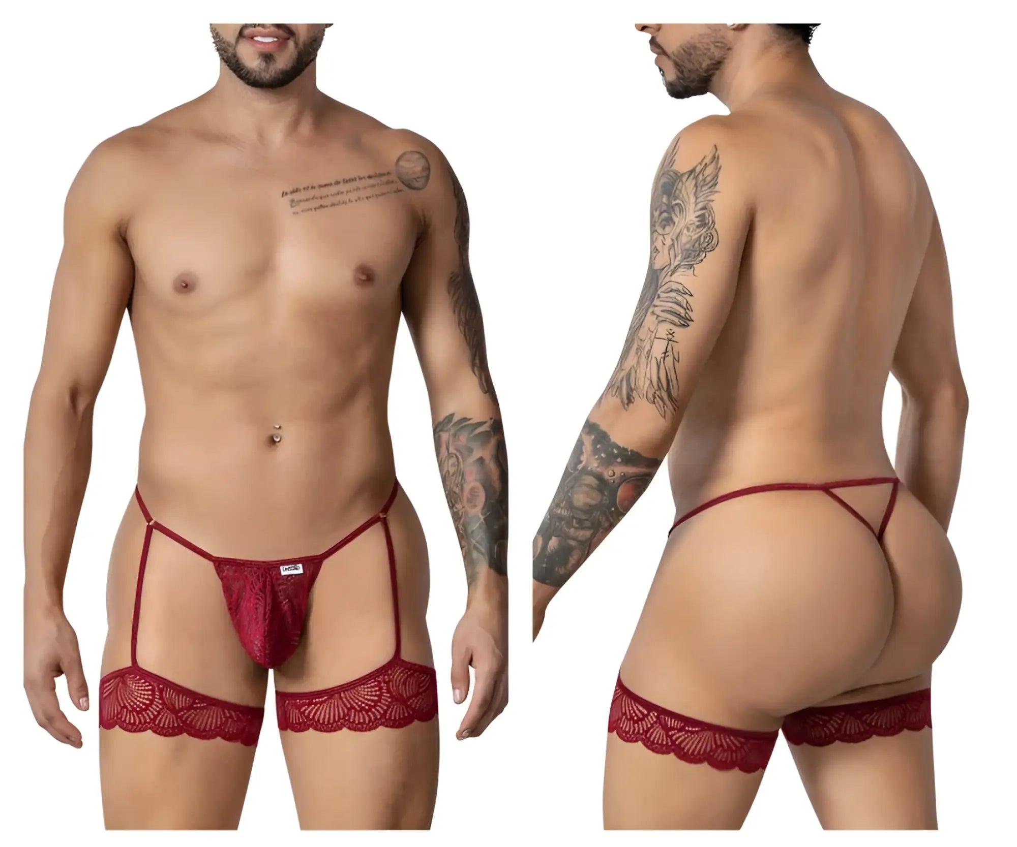 Burgundy CandyMan 99906 garter lace thong set with red lace garter belt and decorative scalloped edges