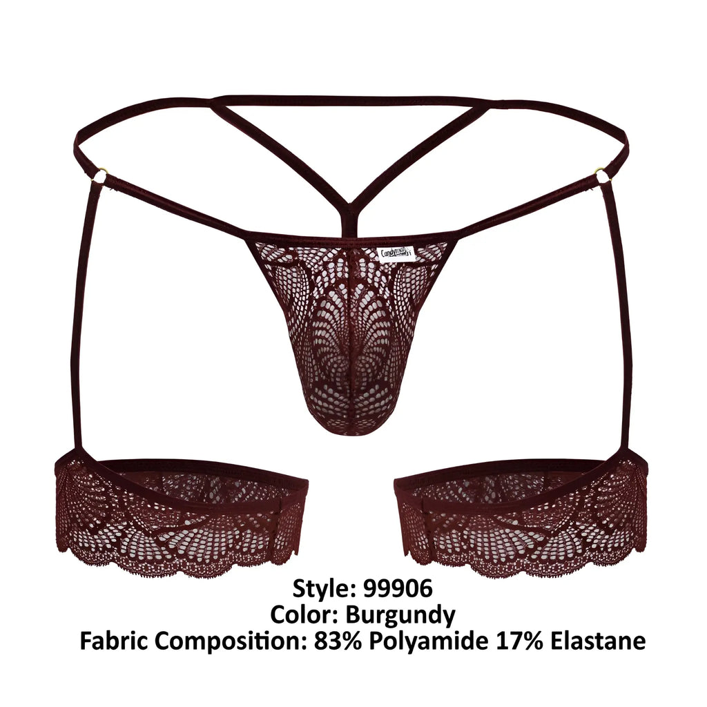 Burgundy lace thong with scalloped edges and matching suspenders from CandyMan 99906 garter lace thongs collection