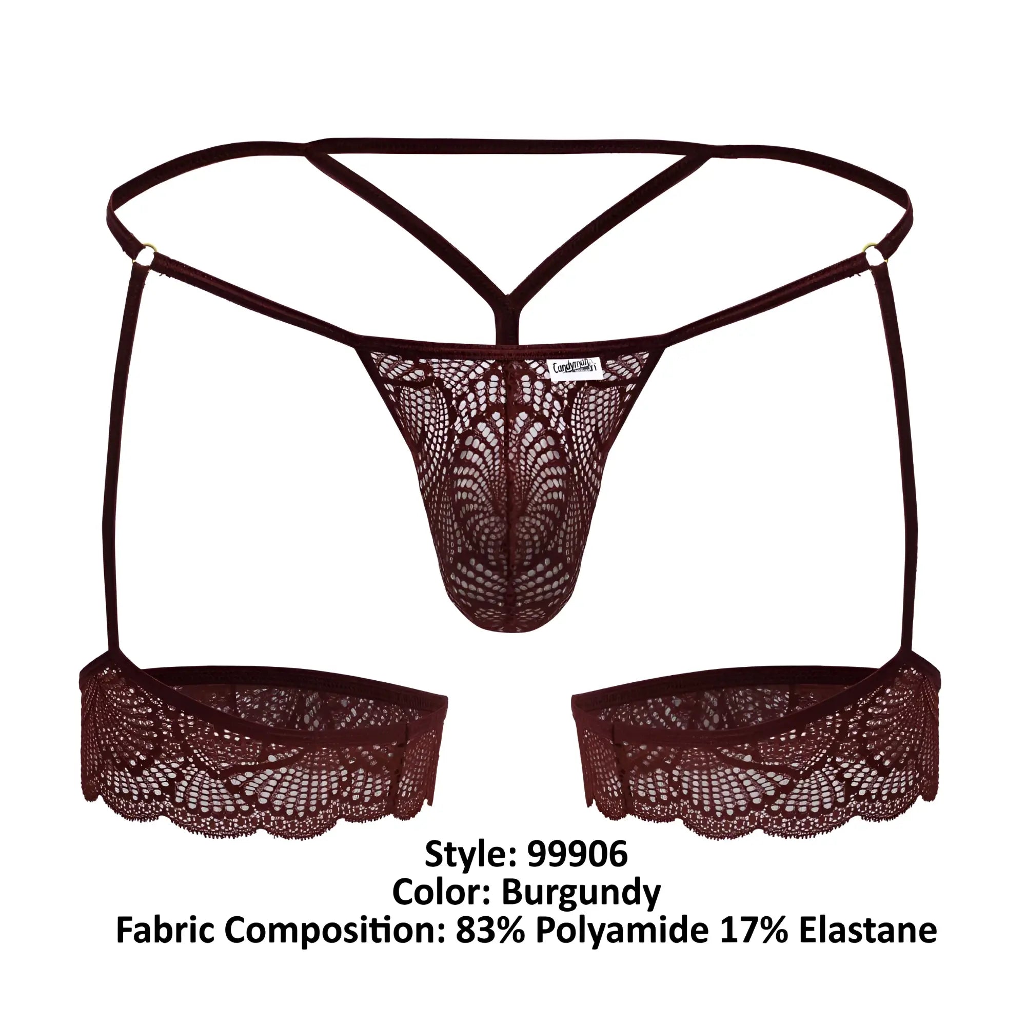 Burgundy lace thong with scalloped edges and matching suspenders from CandyMan 99906 garter lace thongs collection