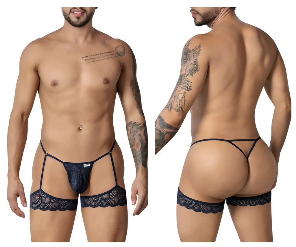 Black lace candyMan 99906 garter belt with matching thong and leg straps in navy color front view