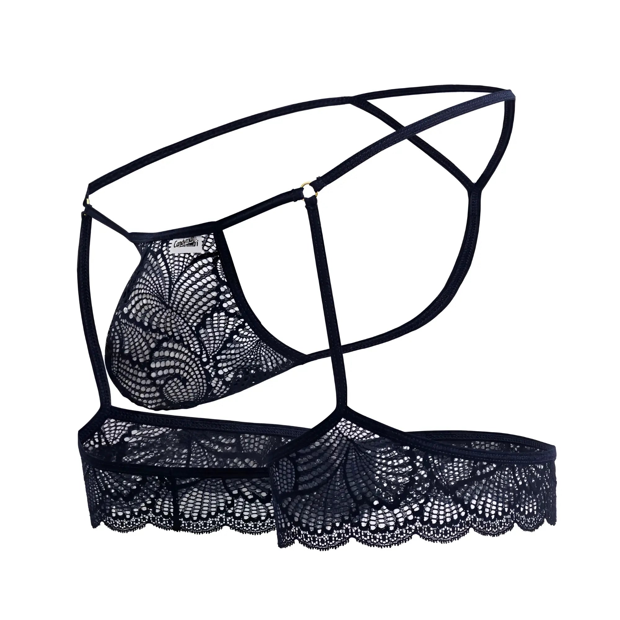 CandyMan 99906 navy lace thong and garter set with intricate floral patterns and delicate scalloped edges