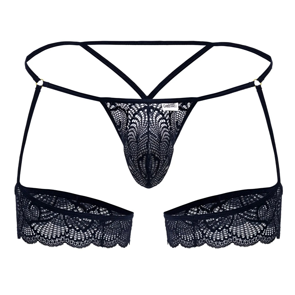 Navy CandyMan 99906 garter lace thong featuring intricate floral patterns and scalloped edges in black lace