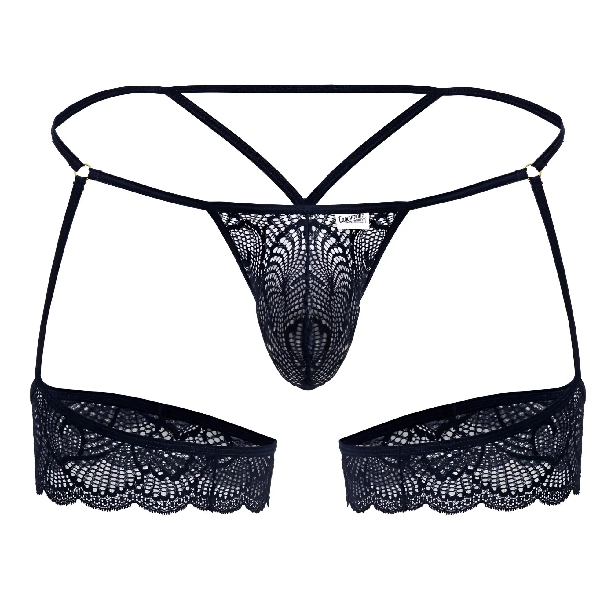 Navy CandyMan 99906 garter lace thong featuring intricate floral patterns and scalloped edges in black lace