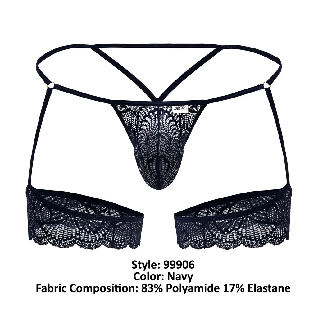Navy candyMan 99906 garter lace thong featuring intricate floral patterns and adjustable straps in black lace