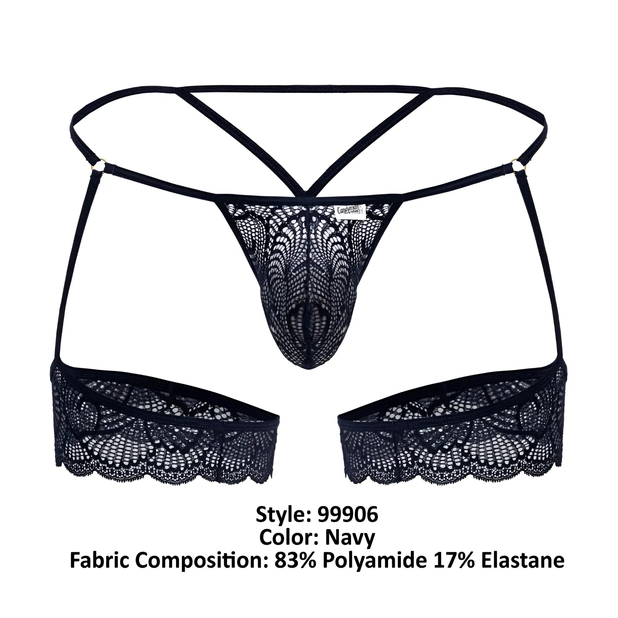 Navy candyMan 99906 garter lace thong featuring intricate floral patterns and adjustable straps in black lace