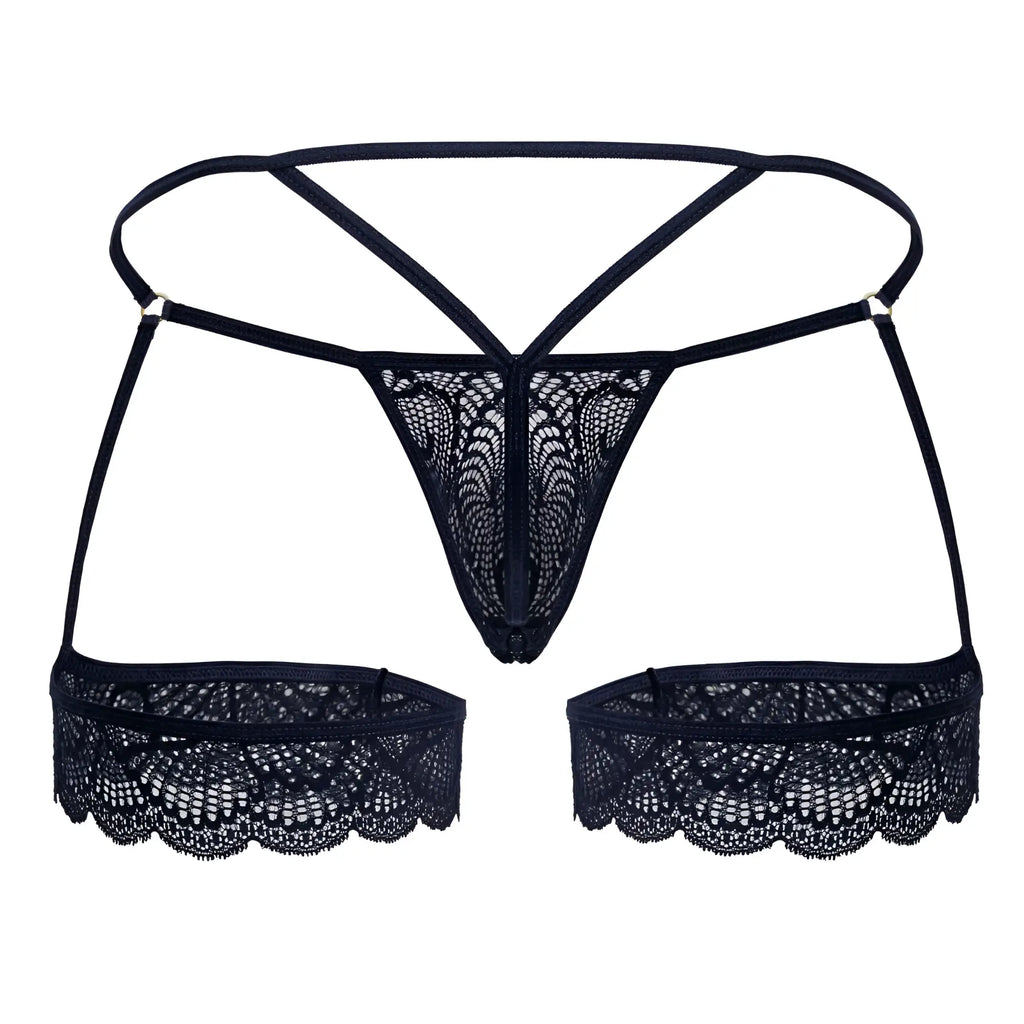Black lace thong candyMan 99906 in navy with intricate floral patterns and matching side panels front view