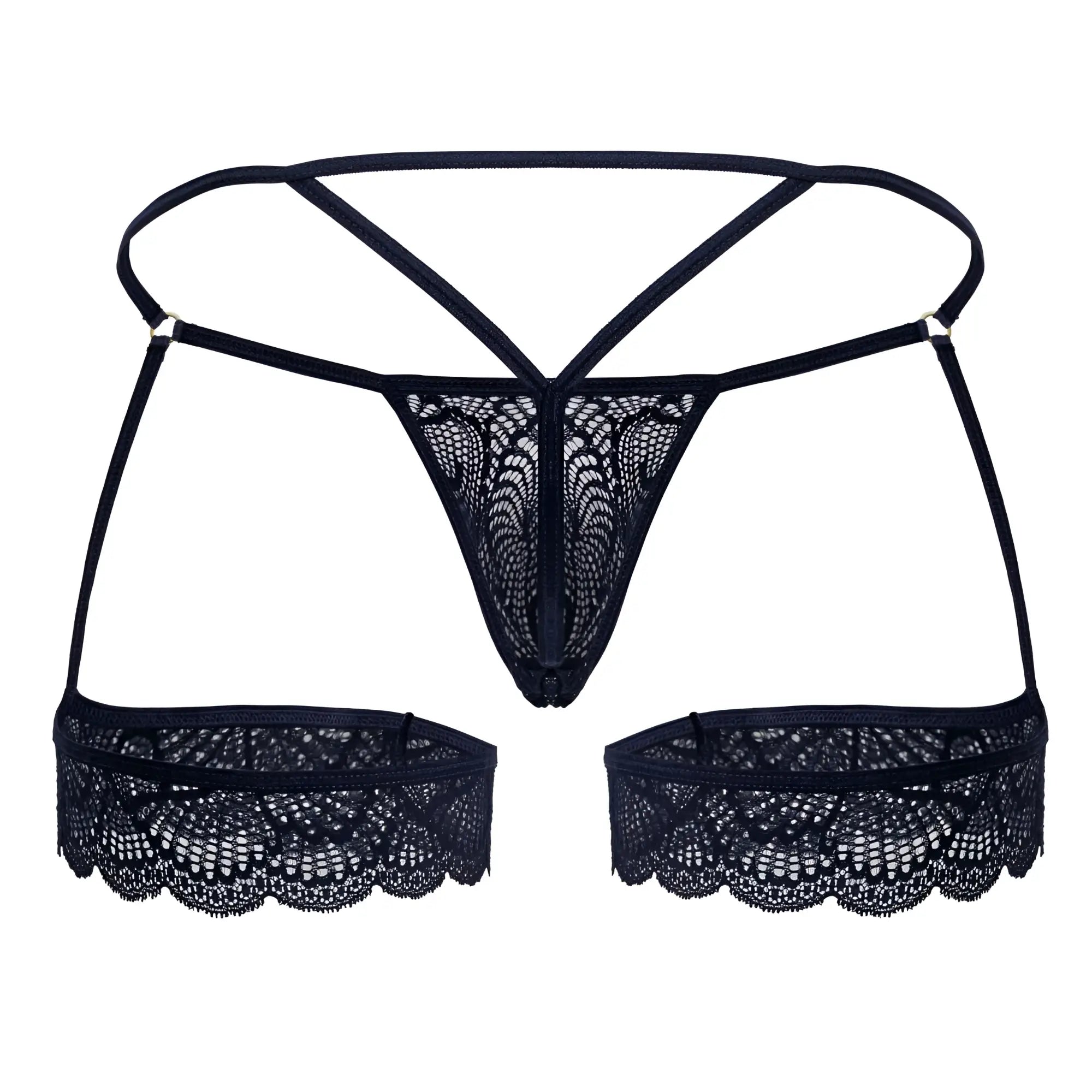 Black lace thong candyMan 99906 in navy with intricate floral patterns and matching side panels front view