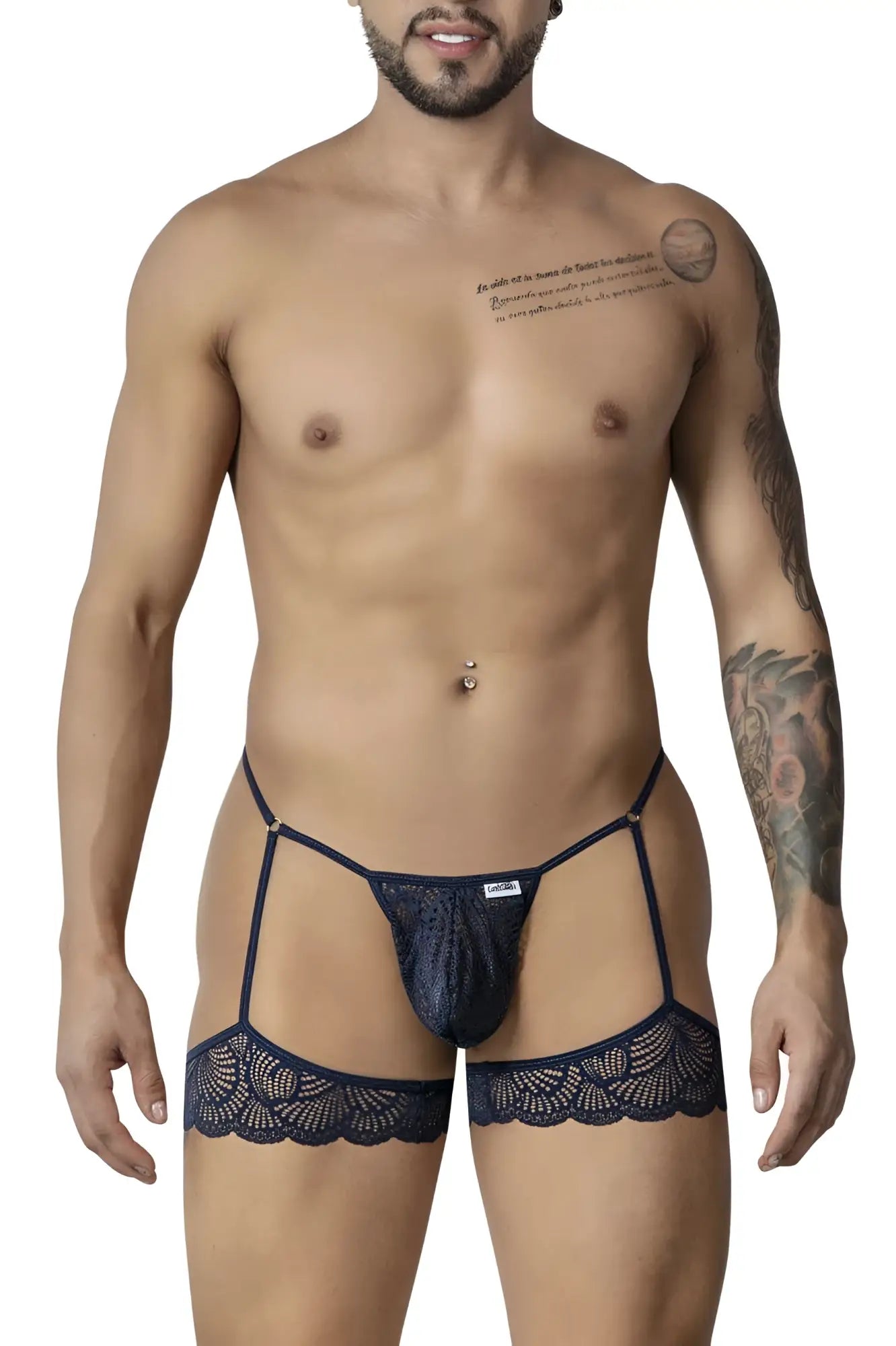 Dark blue lace garter belt with intricate floral patterns and adjustable straps from candyman 99906 garter lace thongs navy