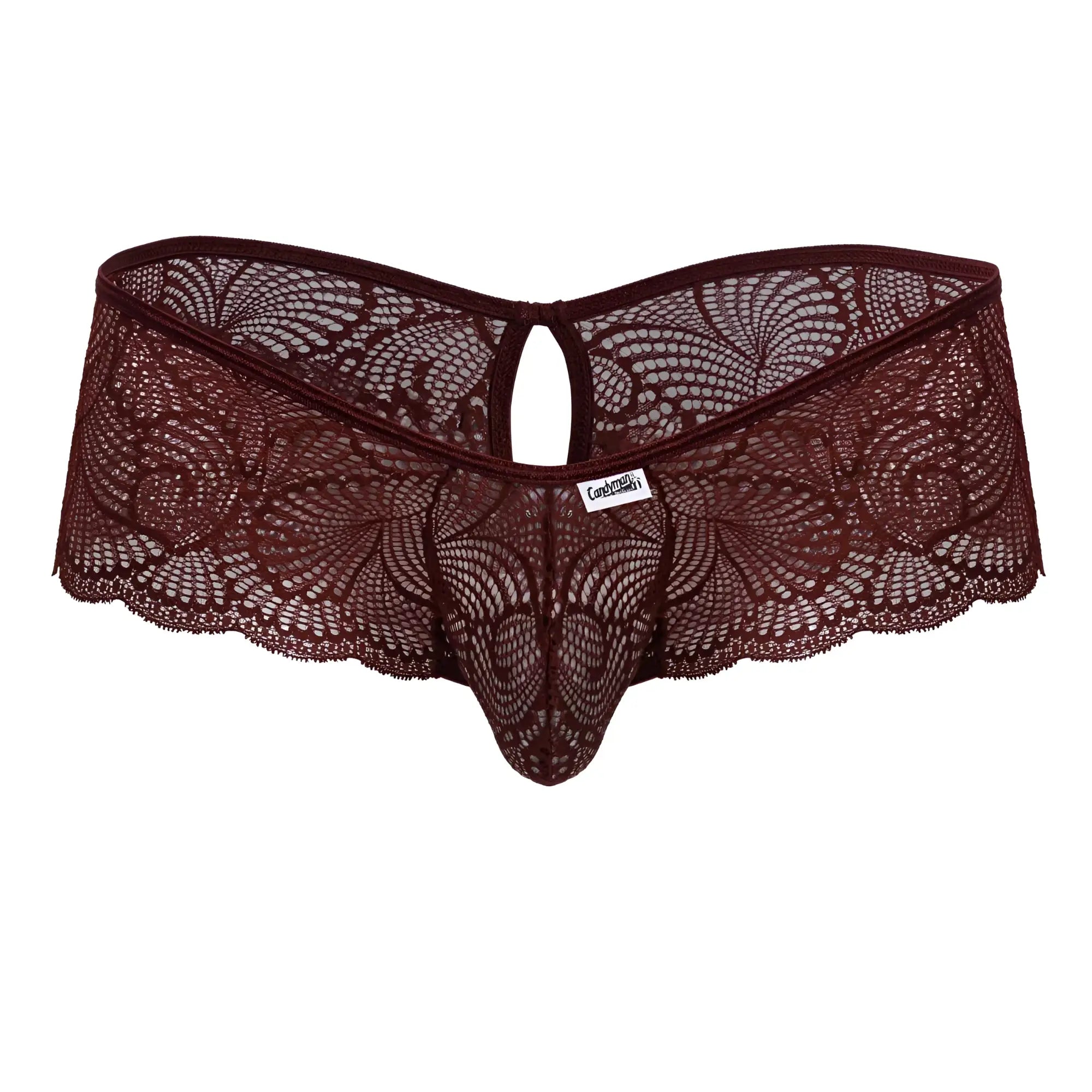 CandyMan 99907 burgundy lace thong with intricate floral patterns and scalloped edges petals design