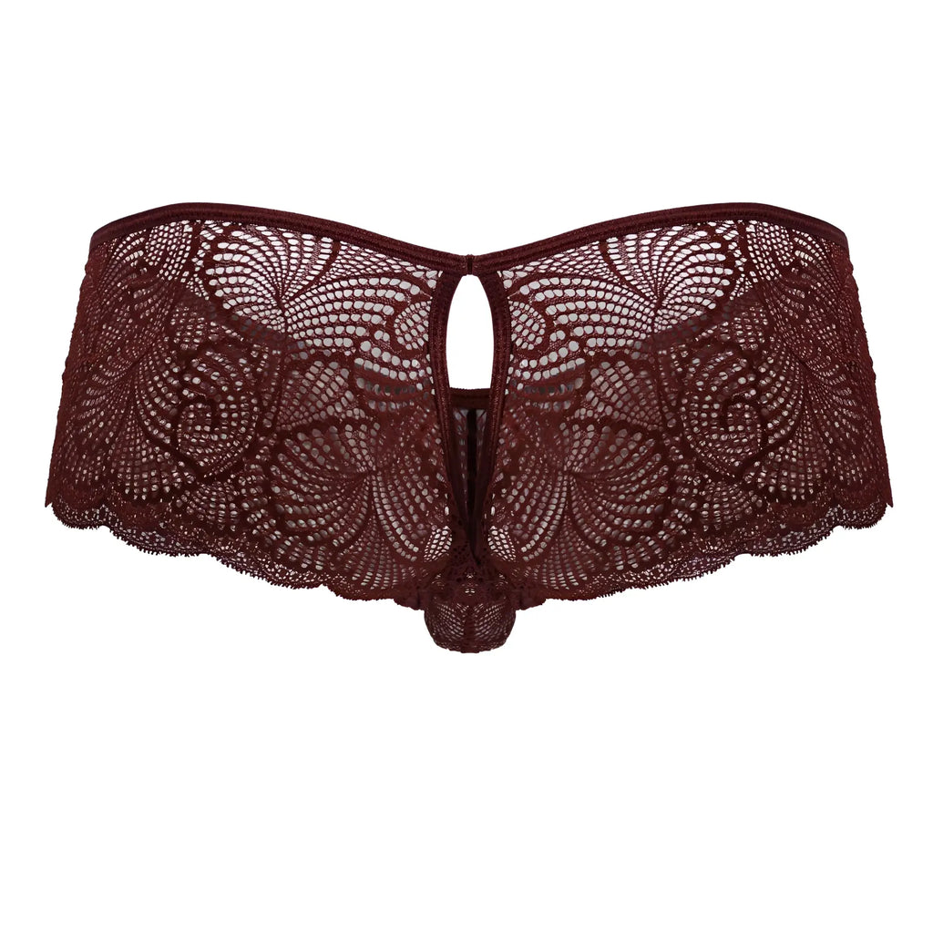 CandyMan 99907 lace trunks in burgundy featuring a maroon lace thong with intricate floral patterns and scalloped edges