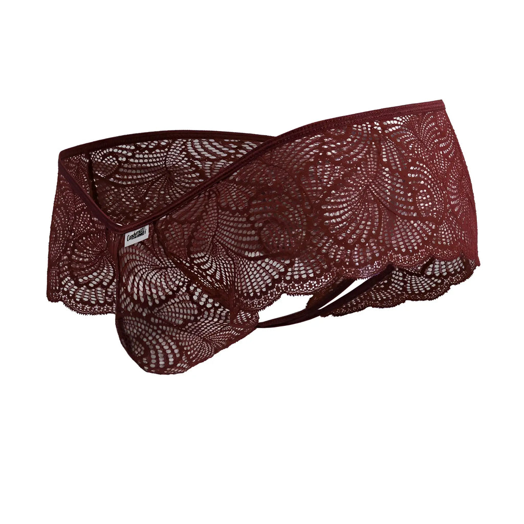 CandyMan 99907 lace trunks in burgundy featuring intricate floral patterns and scalloped edges on maroon lace