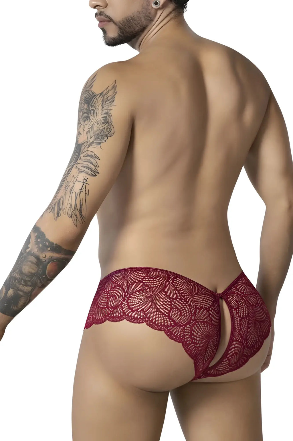 CandyMan 99907 lace trunks burgundy red lace briefs with floral pattern and open back design shown from back side
