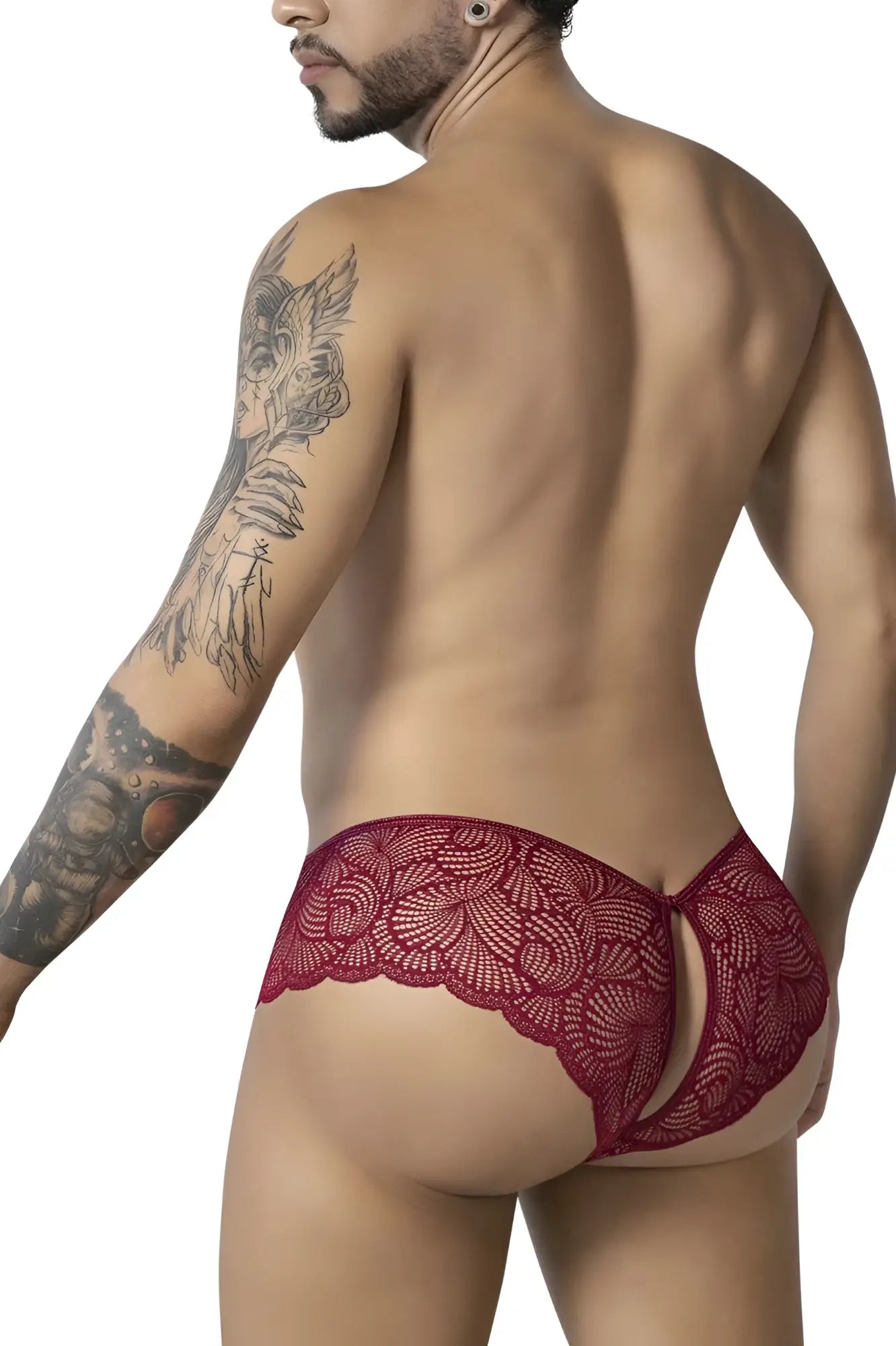 CandyMan 99907 lace trunks burgundy red lace briefs with floral pattern and open back design shown from back side