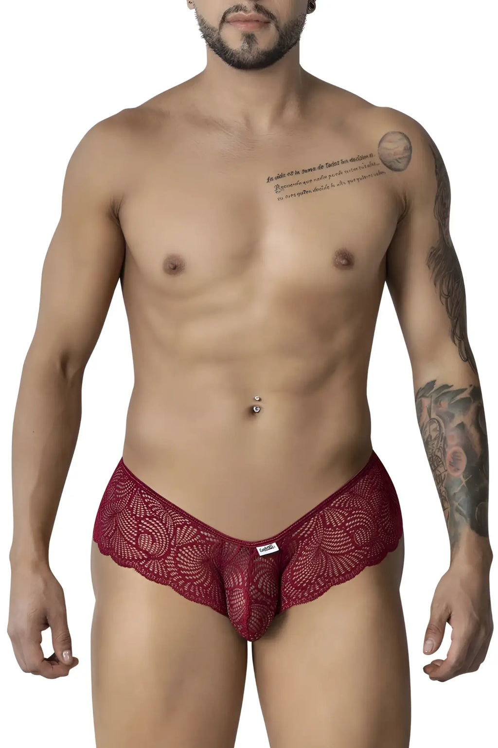 Candyman 99907 burgundy lace trunks with intricate floral pattern and central pouch design for men