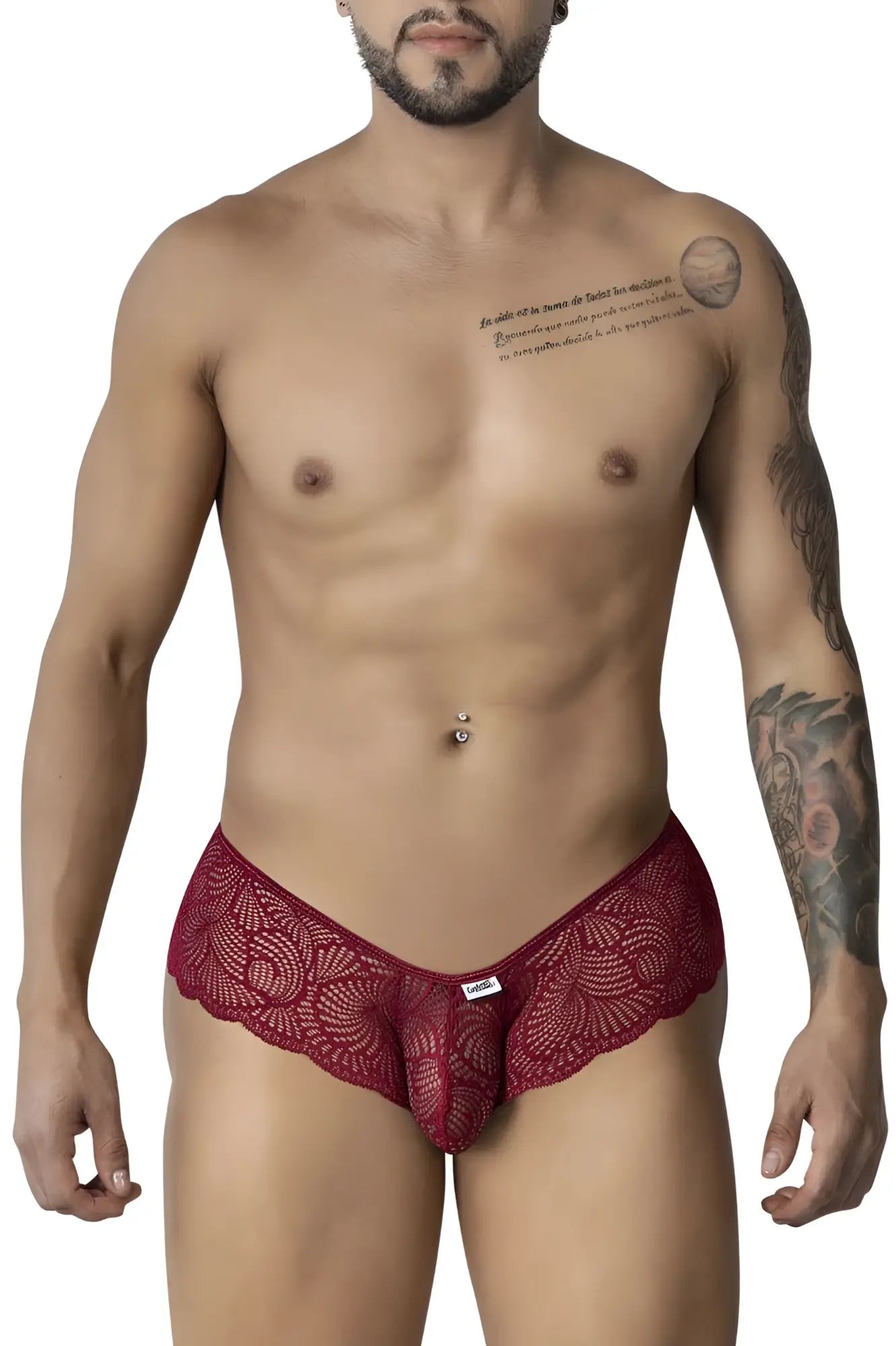 Candyman 99907 burgundy lace trunks with intricate floral pattern and central pouch design for men