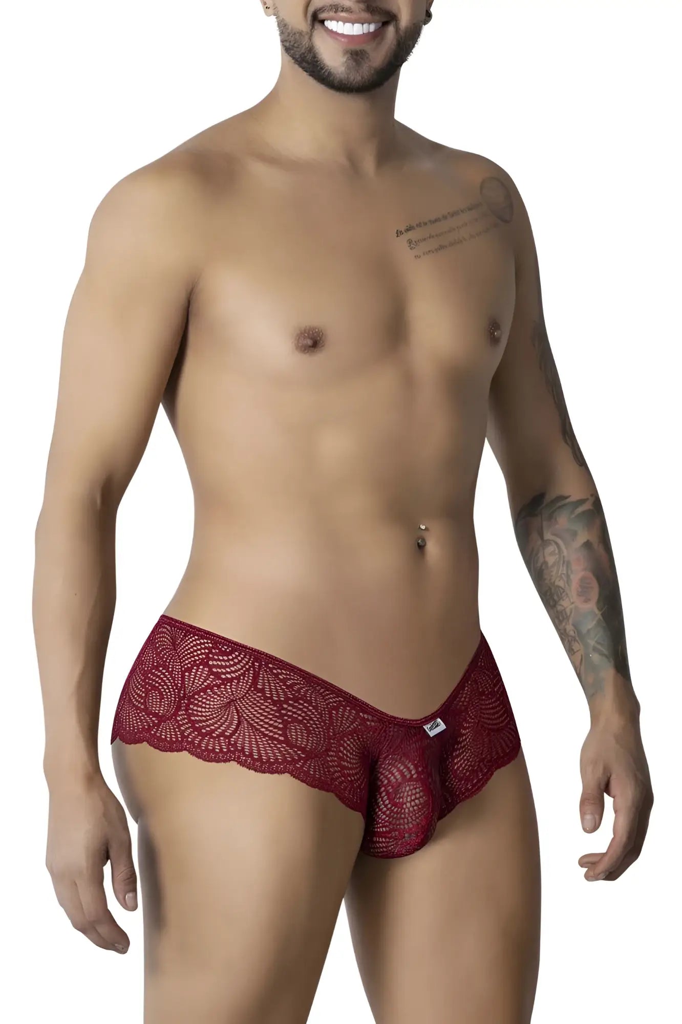 Candyman 99907 lace trunks burgundy men’s underwear with red lace scalloped edge and intricate pattern