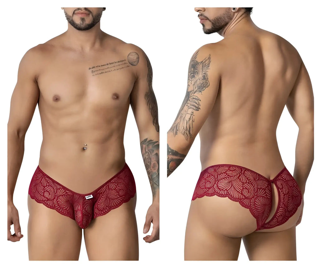 Back view of candyman 99907 burgundy red lace men’s trunks with scalloped edge and open back design