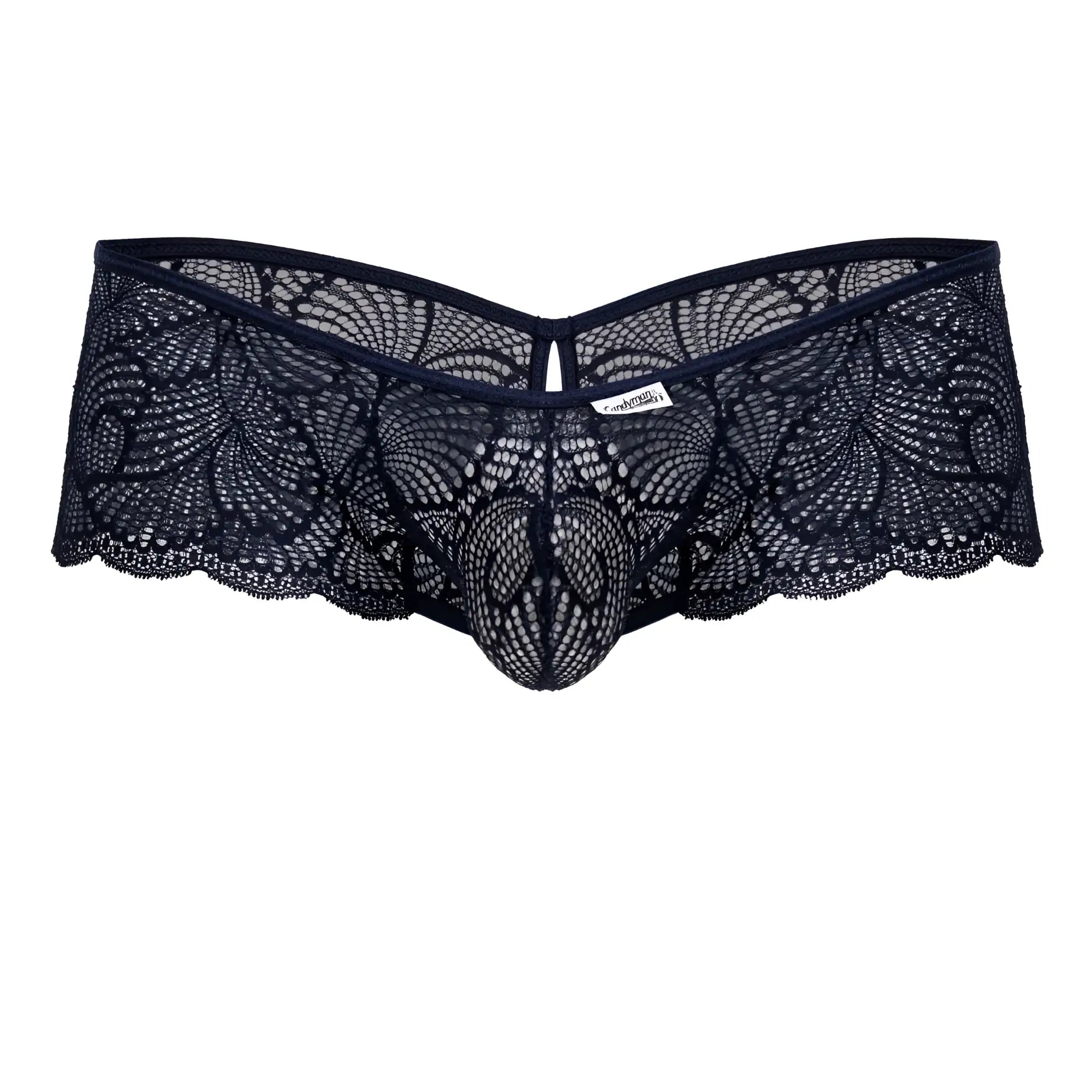 CandyMan 99907 lace trunks in navy featuring black lace with intricate floral patterns and central mesh design