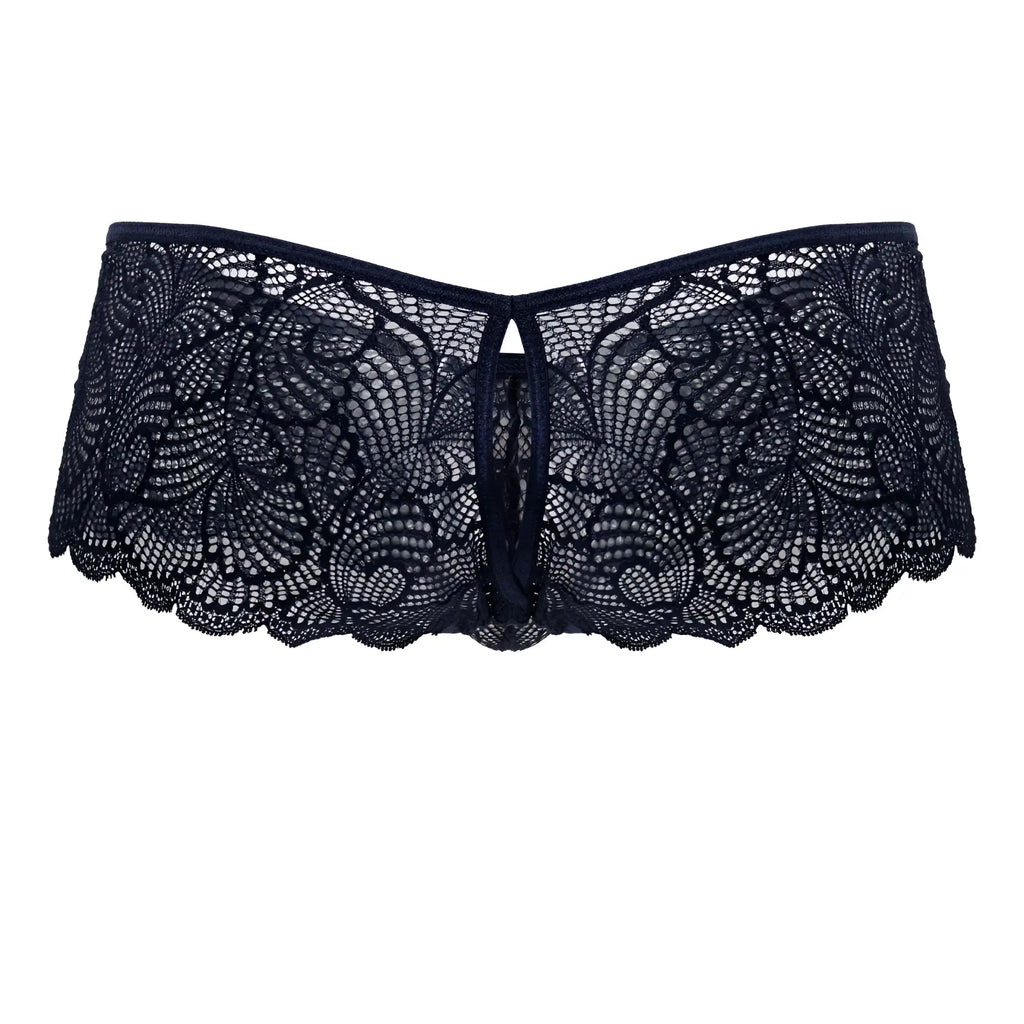 CandyMan 99907 navy lace trunks with intricate black floral patterns and scalloped edges for stylish comfort