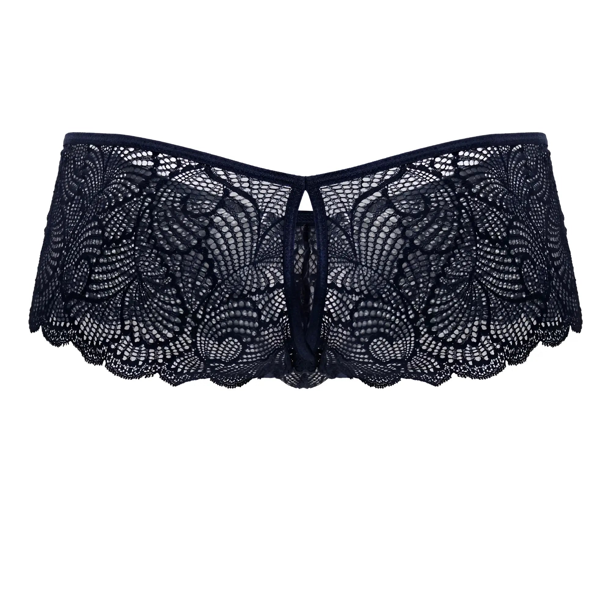 CandyMan 99907 navy lace trunks with intricate black floral patterns and scalloped edges for stylish comfort