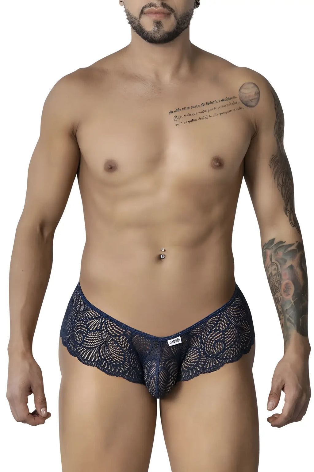 Navy blue CandyMan 99907 lace trunks for men with intricate floral pattern and small brand tag on waistband
