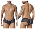 CandyMan 99907 lace trunks in navy featuring intricate floral patterns and scalloped edges for men