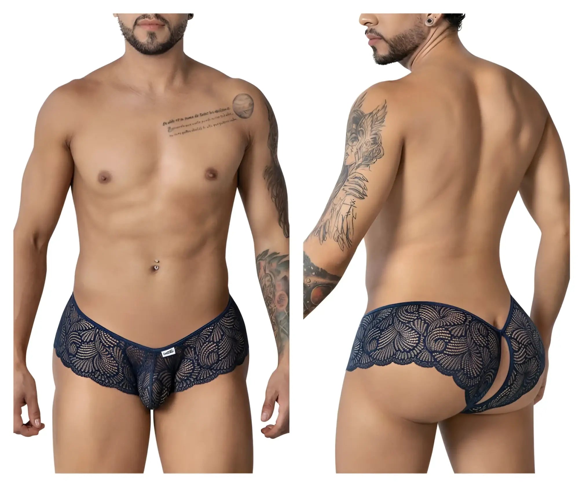 CandyMan 99907 lace trunks in navy featuring intricate floral patterns and scalloped edges for men
