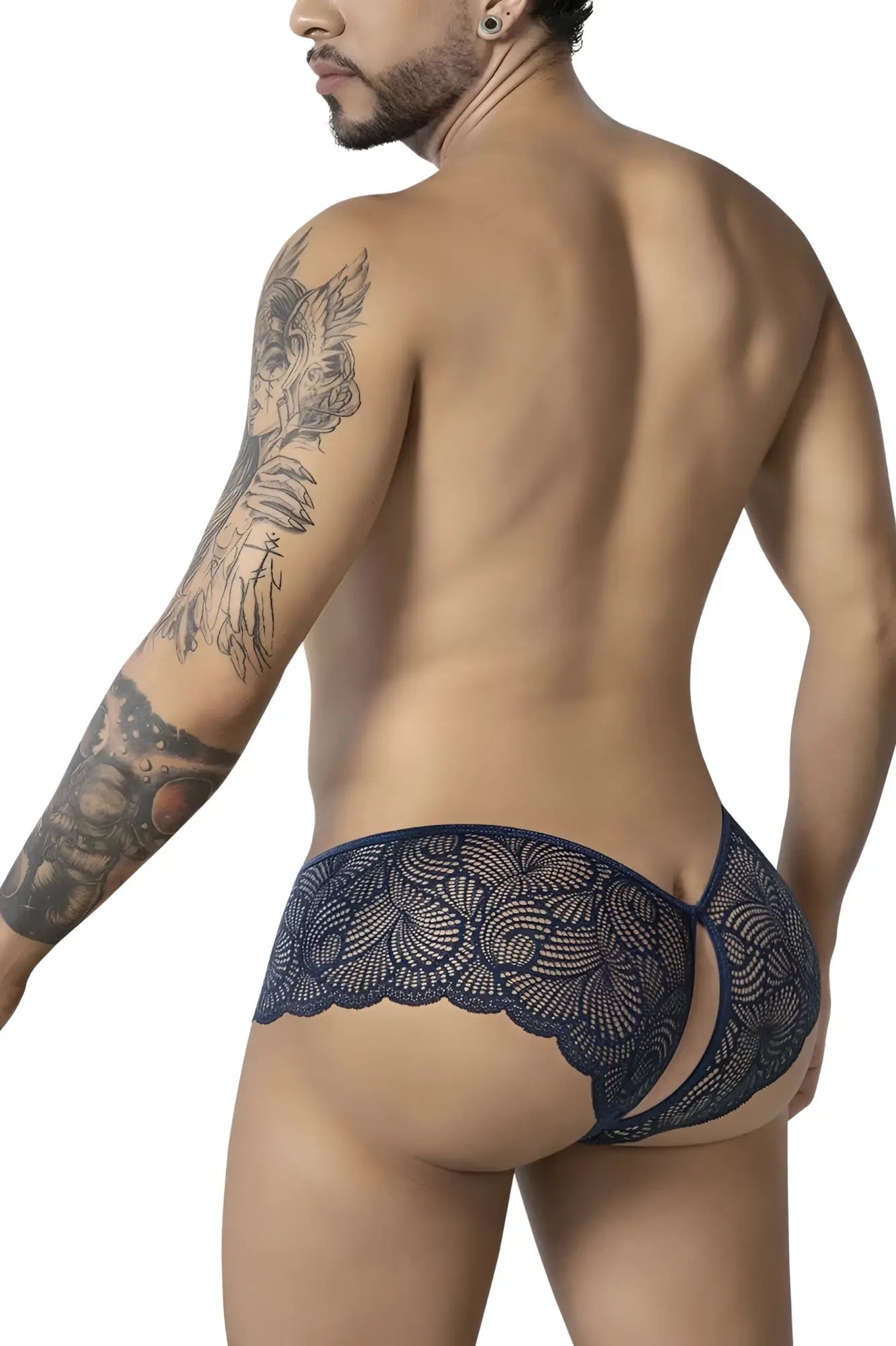 Dark blue lace trunks with scalloped edge and cutout design from candyman 99907 lace trunks color navy collection