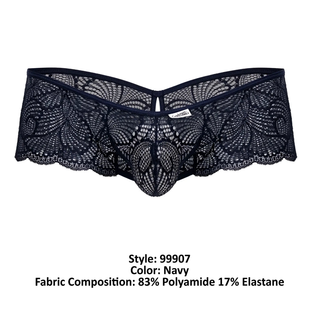 CandyMan 99907 lace trunks navy men’s underwear with intricate floral lace and central mesh design front view