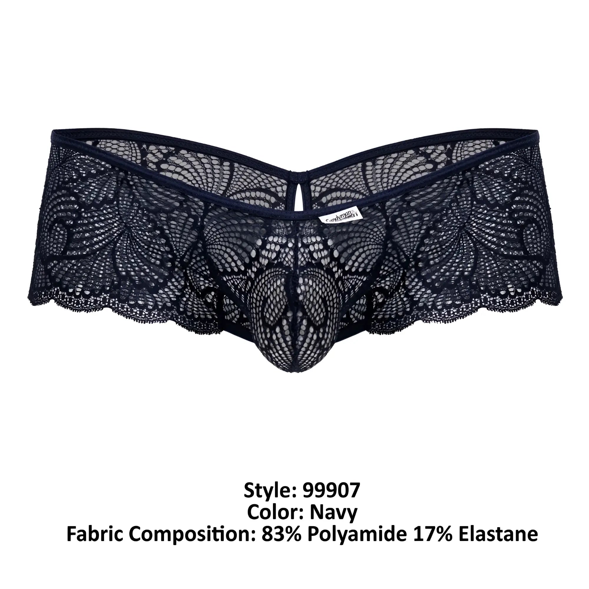 CandyMan 99907 lace trunks navy men’s underwear with intricate floral lace and central mesh design front view
