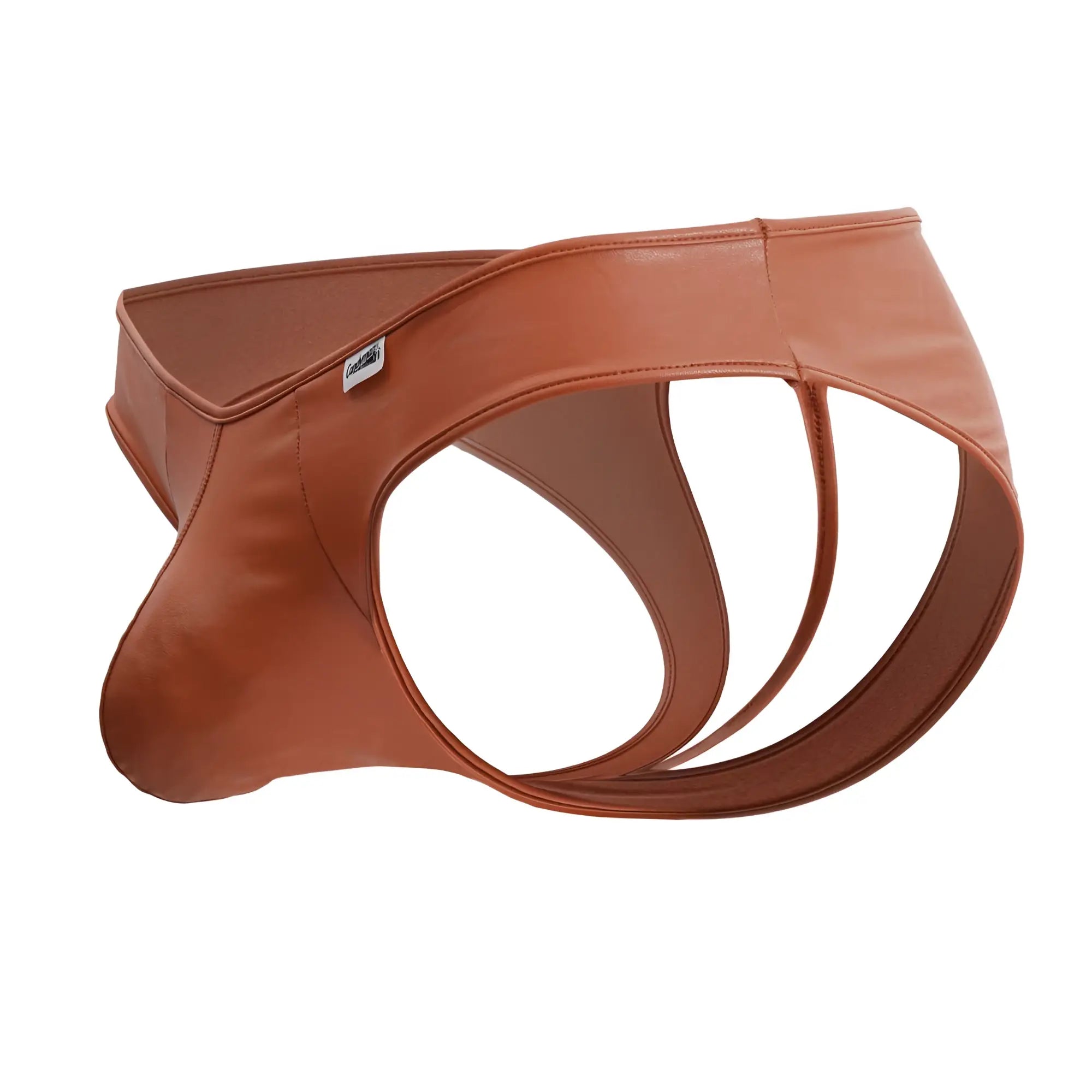 Brown faux leather briefs candyMan 99908 heart briefs with sleek contoured design and three curved cutouts in red