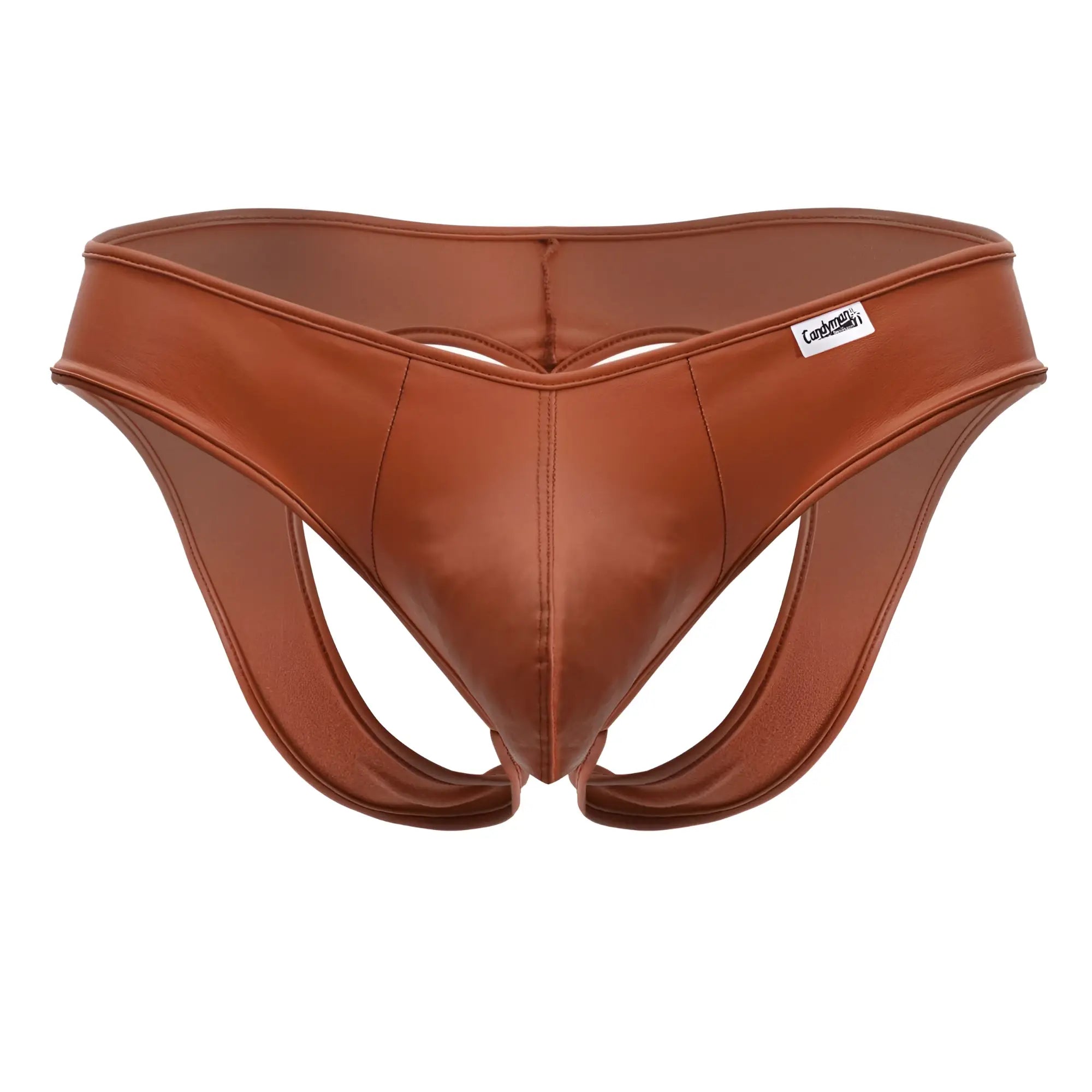 CandyMan 99908 heart briefs in red faux leather with a sleek contoured brown thong design and subtle stitching details