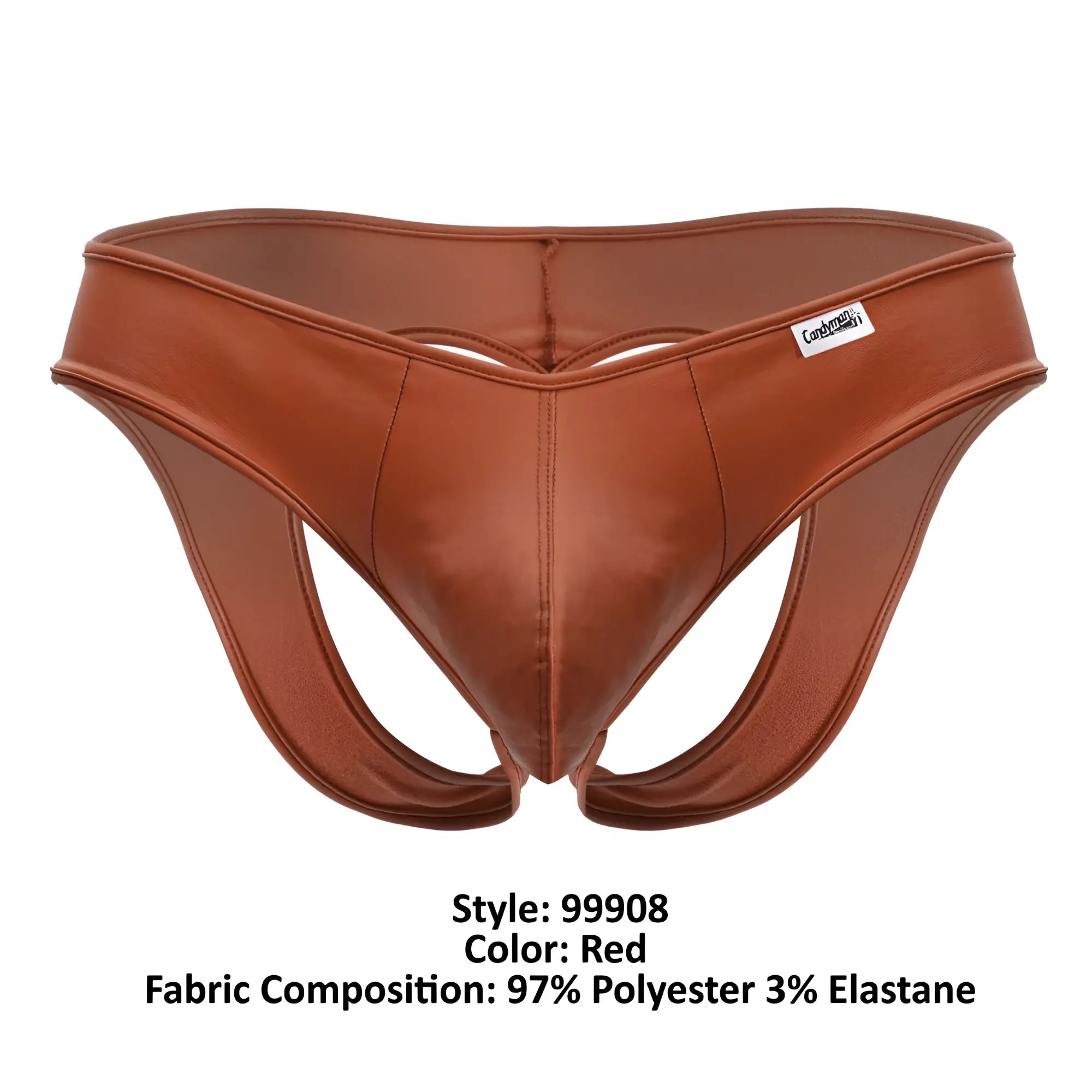 Red candyMan 99908 heart briefs in faux leather with a sleek contoured design and subtle waistband tag